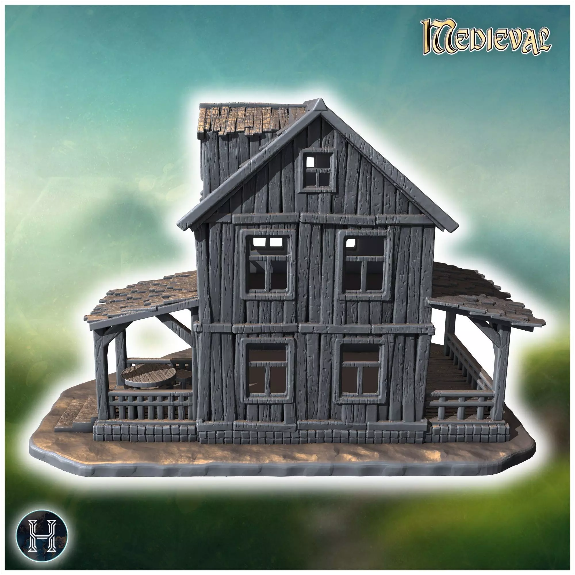 Two-story wooden house with a covered porch damaged roof and woo 3D print model_1