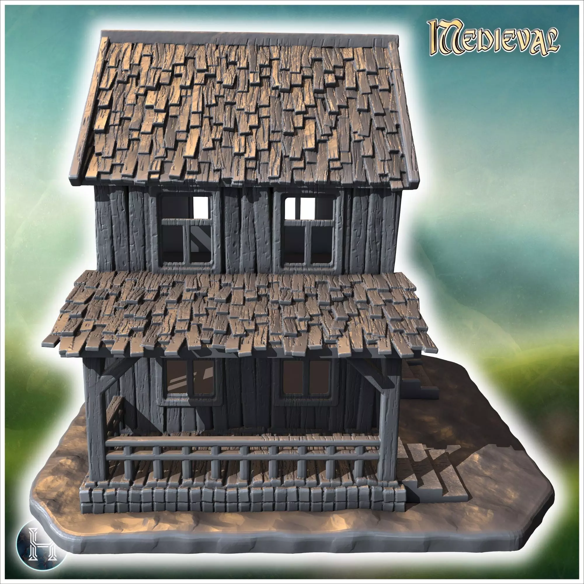 Two-story wooden house with a covered porch damaged roof and woo 3D print model_9