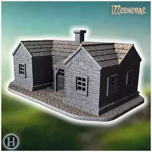 Wooden house with a chimney intact walls and a covered entrance  3D print model