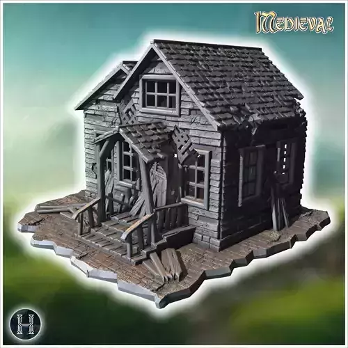 Dilapidated wooden house with a broken porch shattered windows a