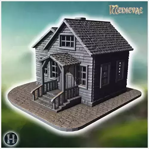 Wooden house with a covered porch intact roof shingles and woode