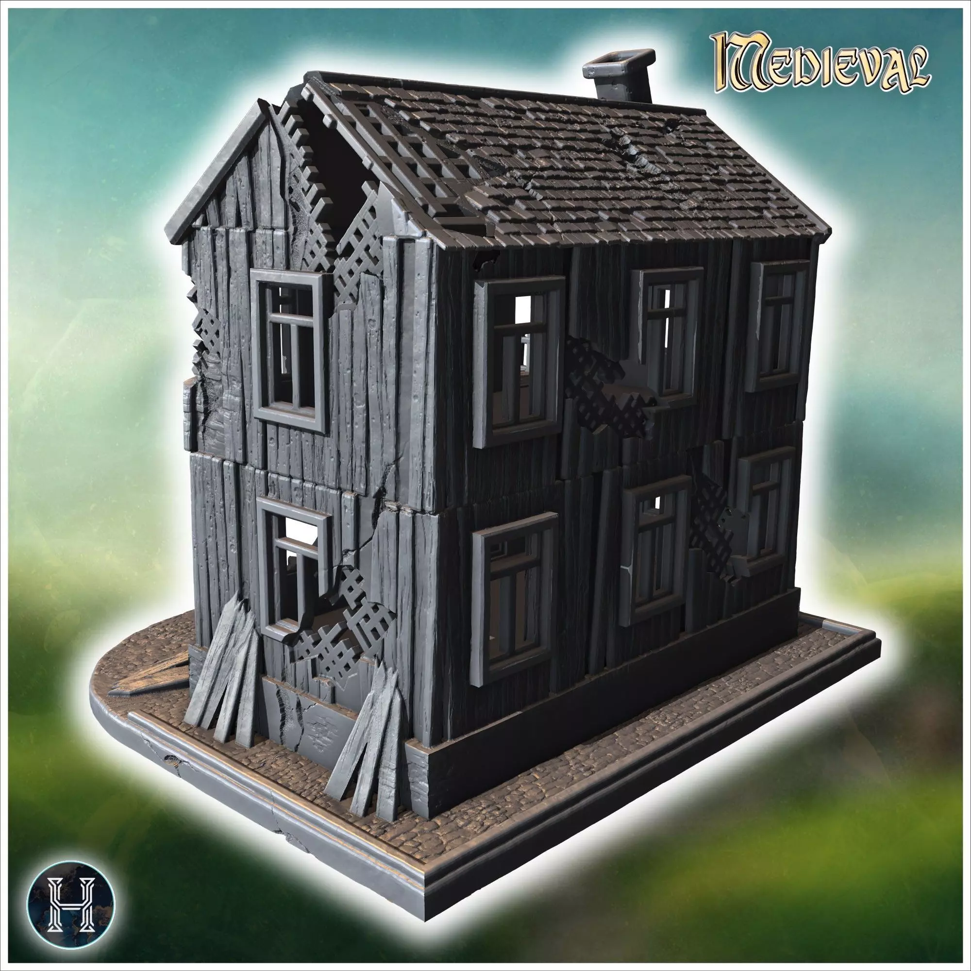 Damaged two-story wooden building with collapsed balcony broken  3D print model_2