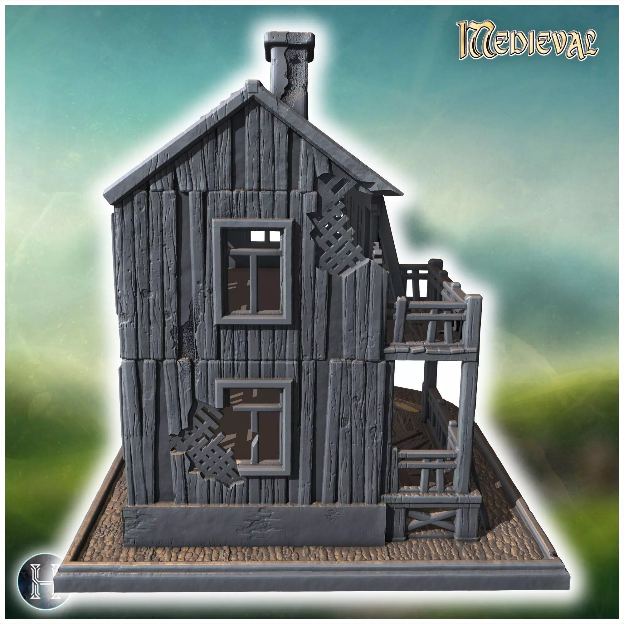 Damaged two-story wooden building with collapsed balcony broken  3D print model_9