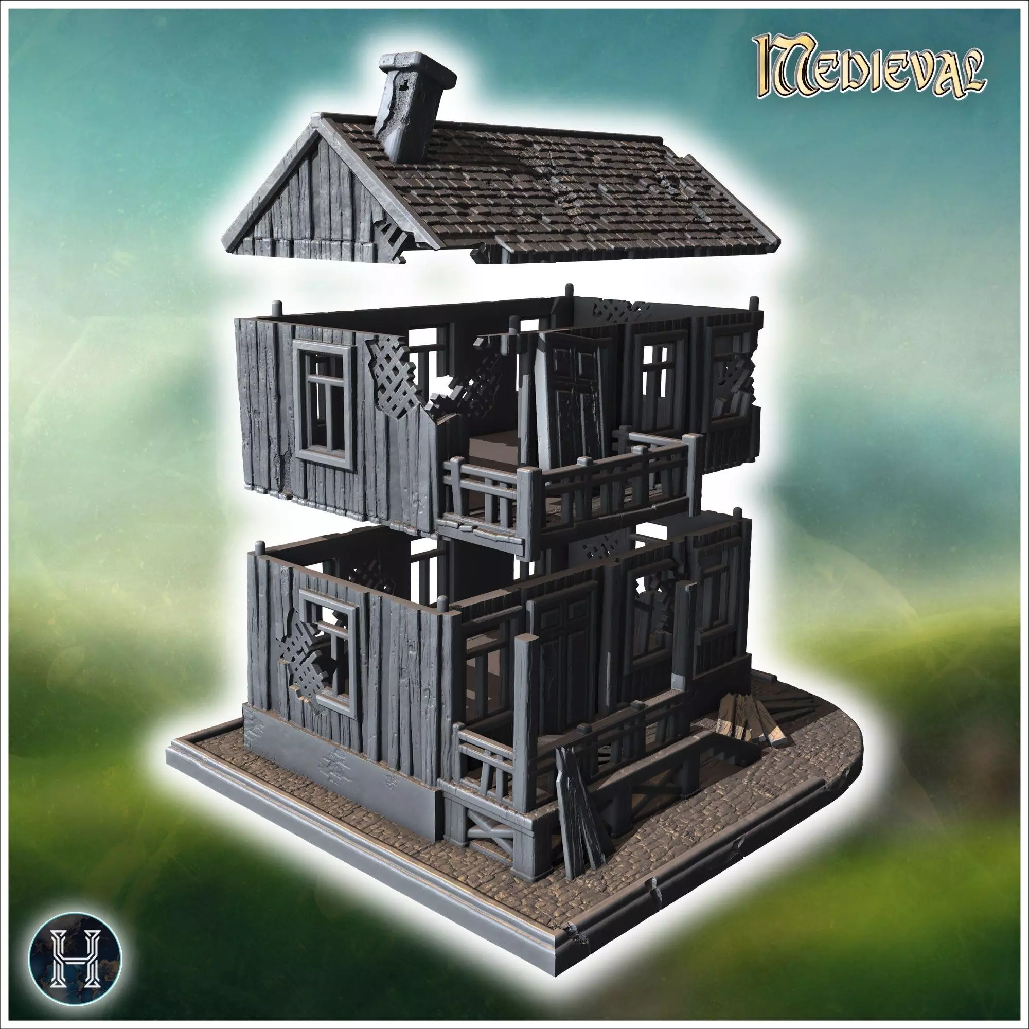 Damaged two-story wooden building with collapsed balcony broken  3D print model_7