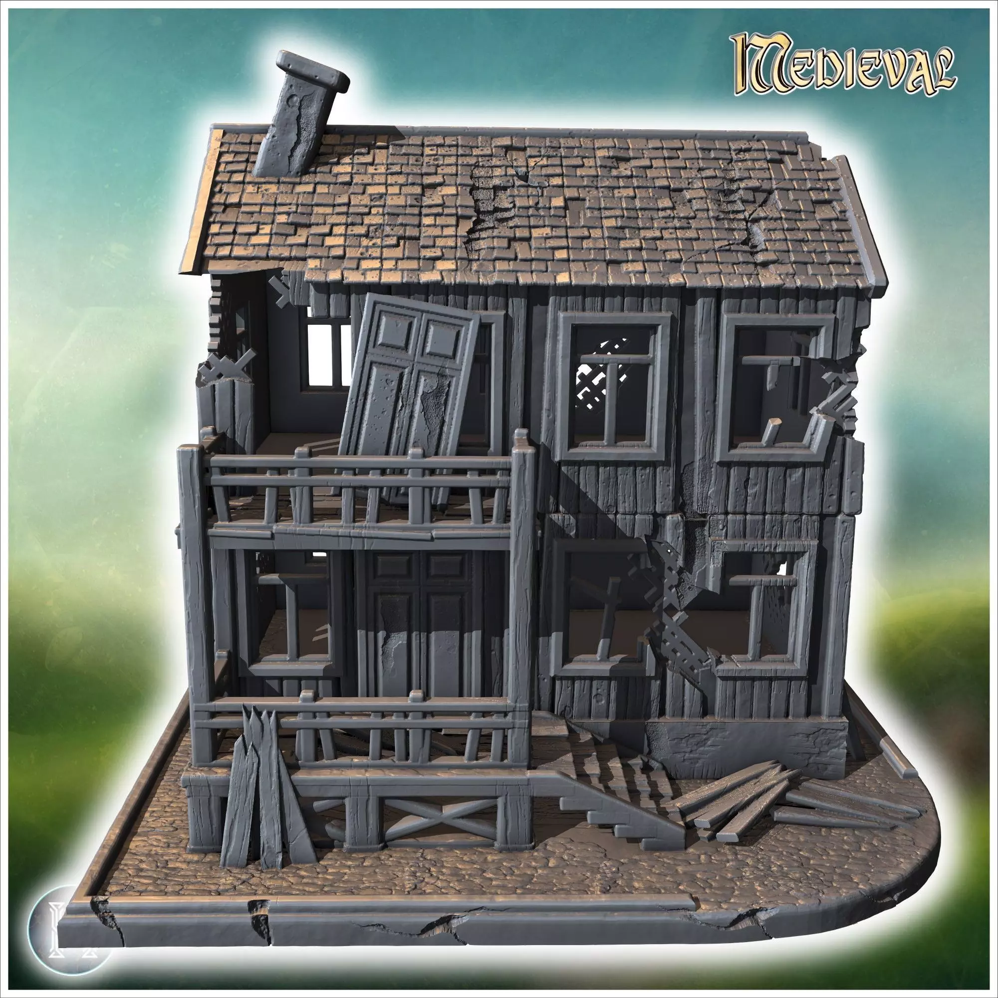 Damaged two-story wooden building with collapsed balcony broken  3D print model_6