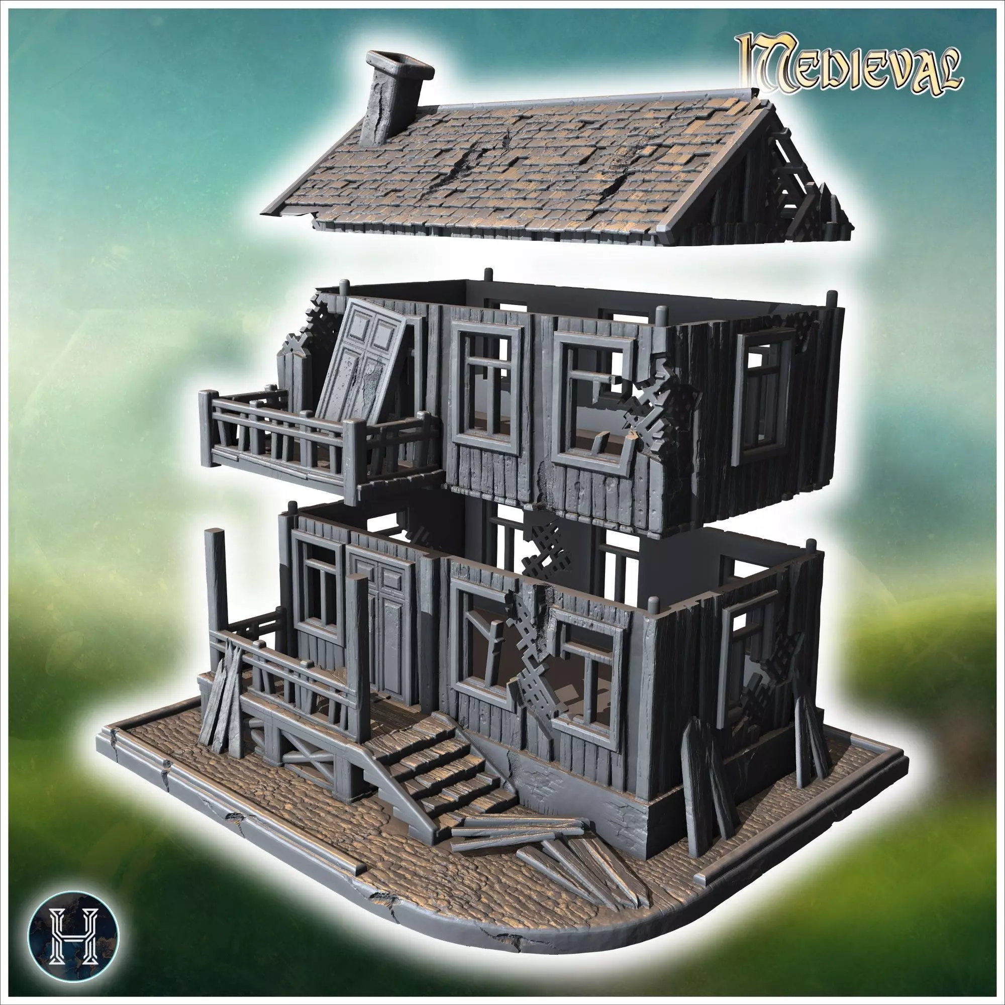 Damaged two-story wooden building with collapsed balcony broken  3D print model_5