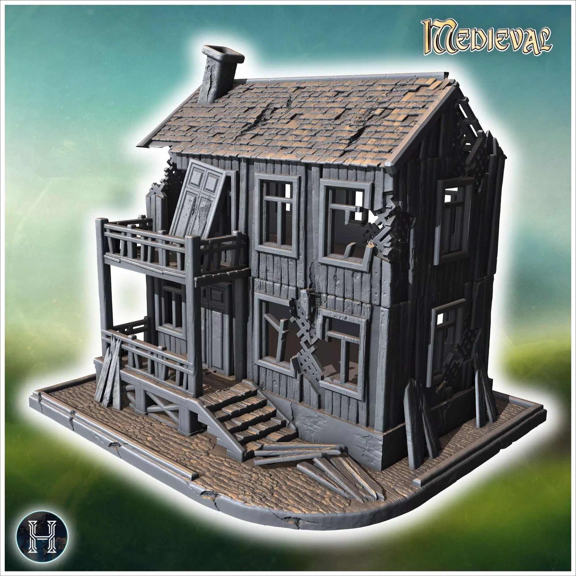 Damaged two-story wooden building with collapsed balcony broken  3D print model_0