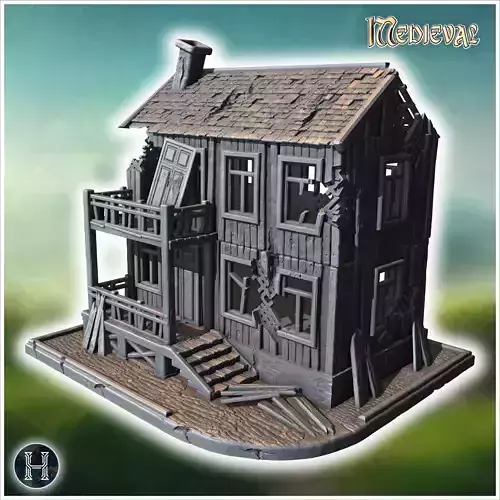 Damaged two-story wooden building with collapsed balcony broken 