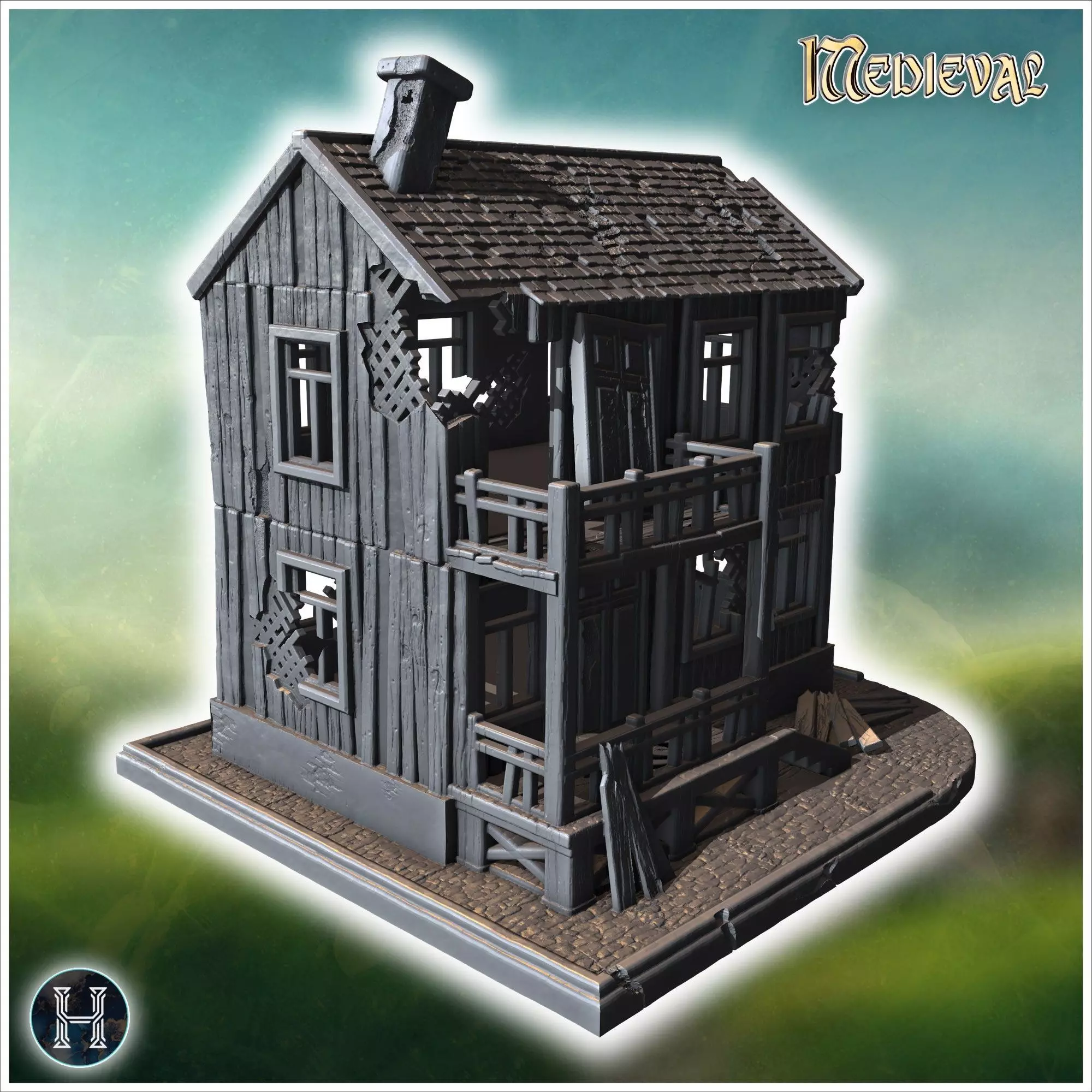 Damaged two-story wooden building with collapsed balcony broken  3D print model_8