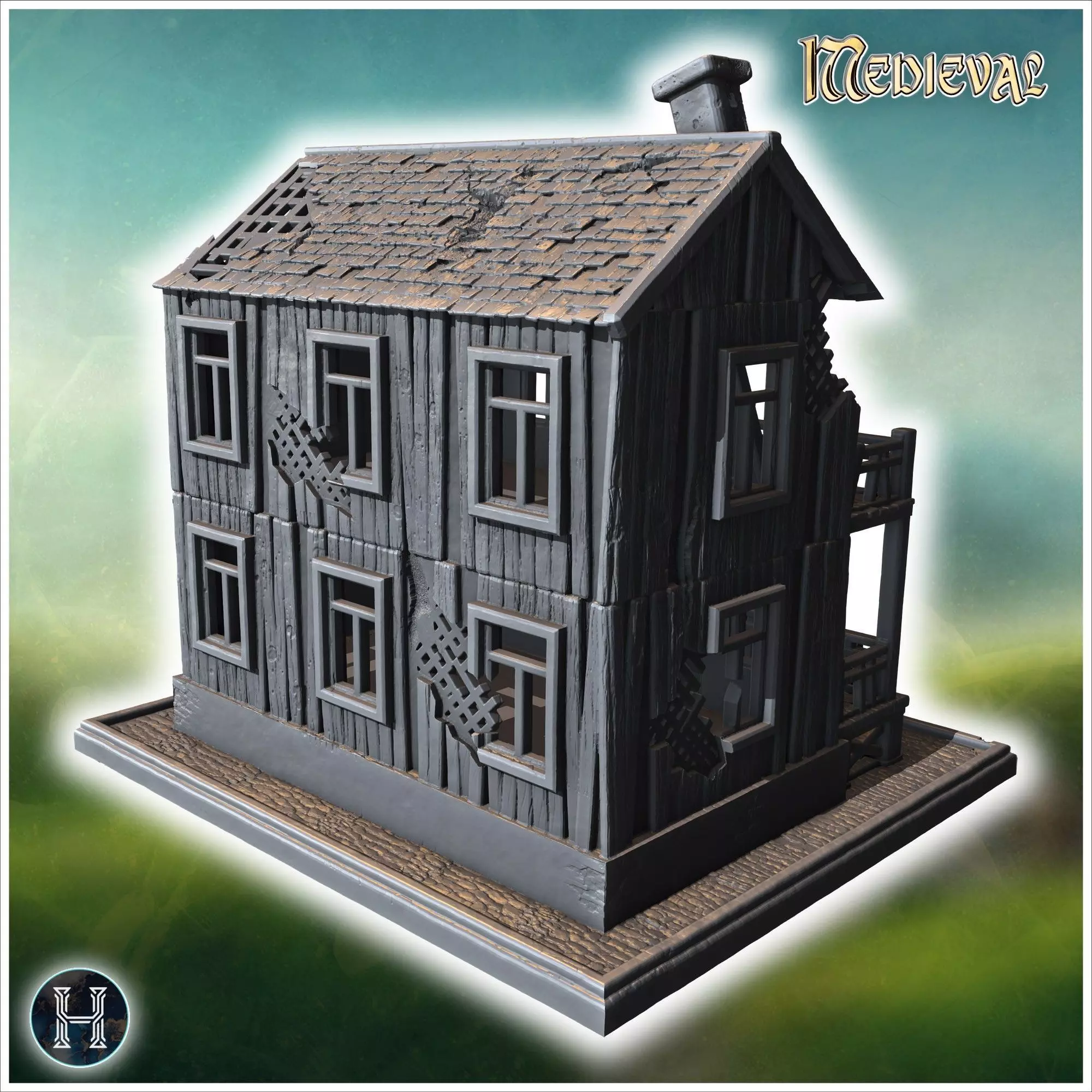 Damaged two-story wooden building with collapsed balcony broken  3D print model_10
