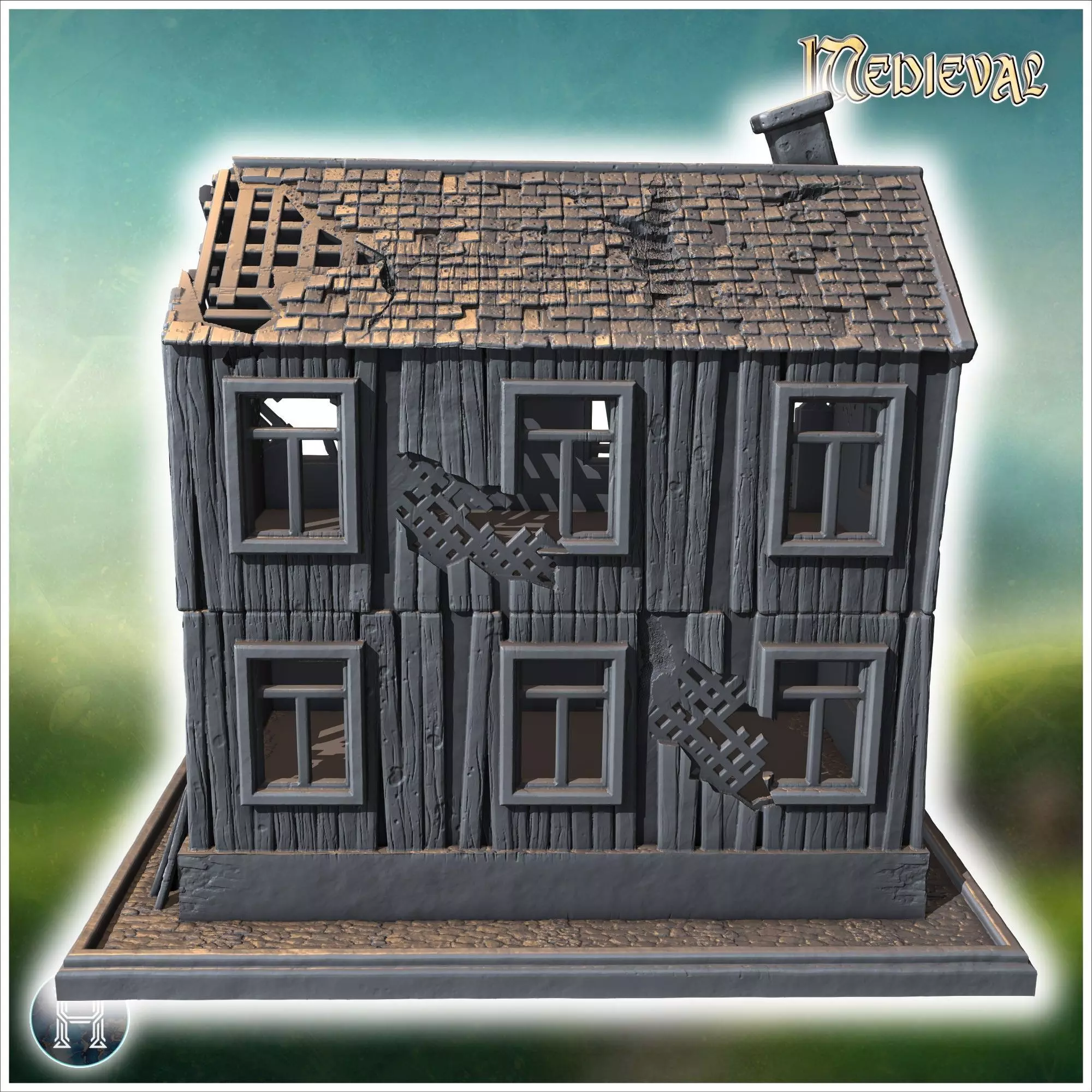 Damaged two-story wooden building with collapsed balcony broken  3D print model_1