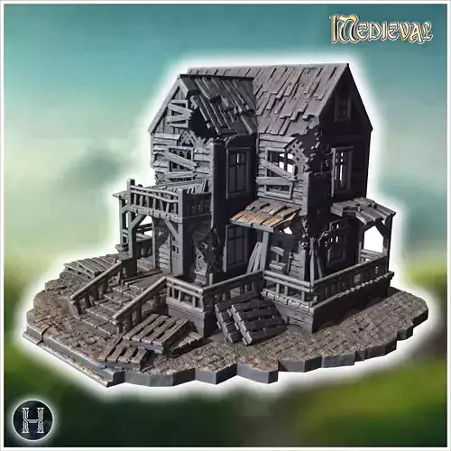 Ruined wooden tavern with broken balconies collapsed porch and d