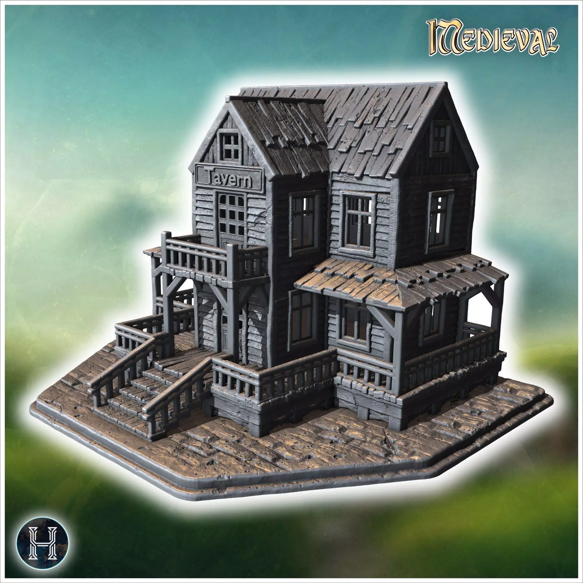Old wooden tavern with a sign front porch balconies and visible 3D print model_0