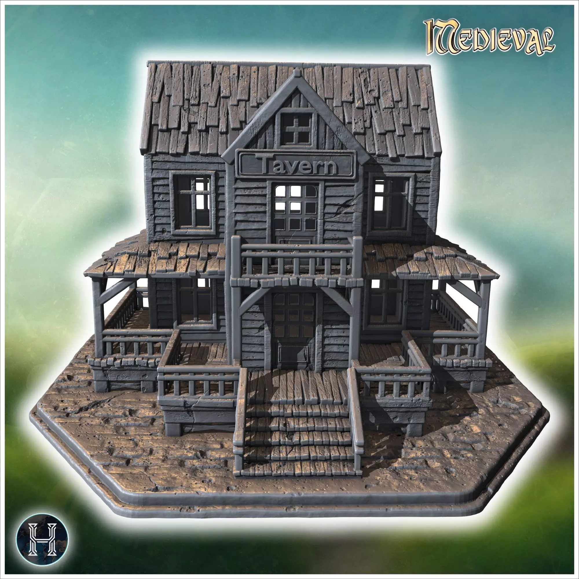 Old wooden tavern with a sign front porch balconies and visible 3D print model_6