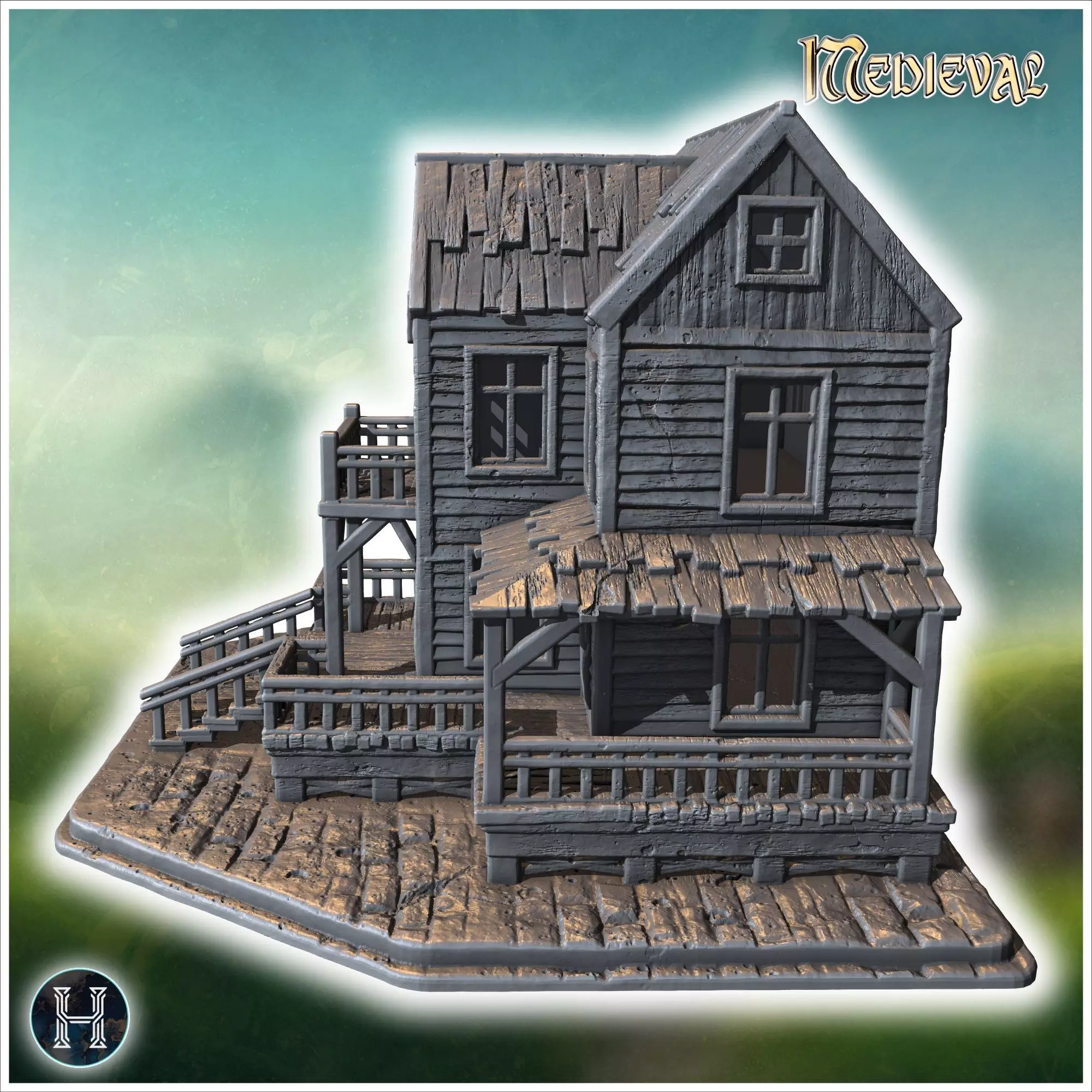 Old wooden tavern with a sign front porch balconies and visible 3D print model_4