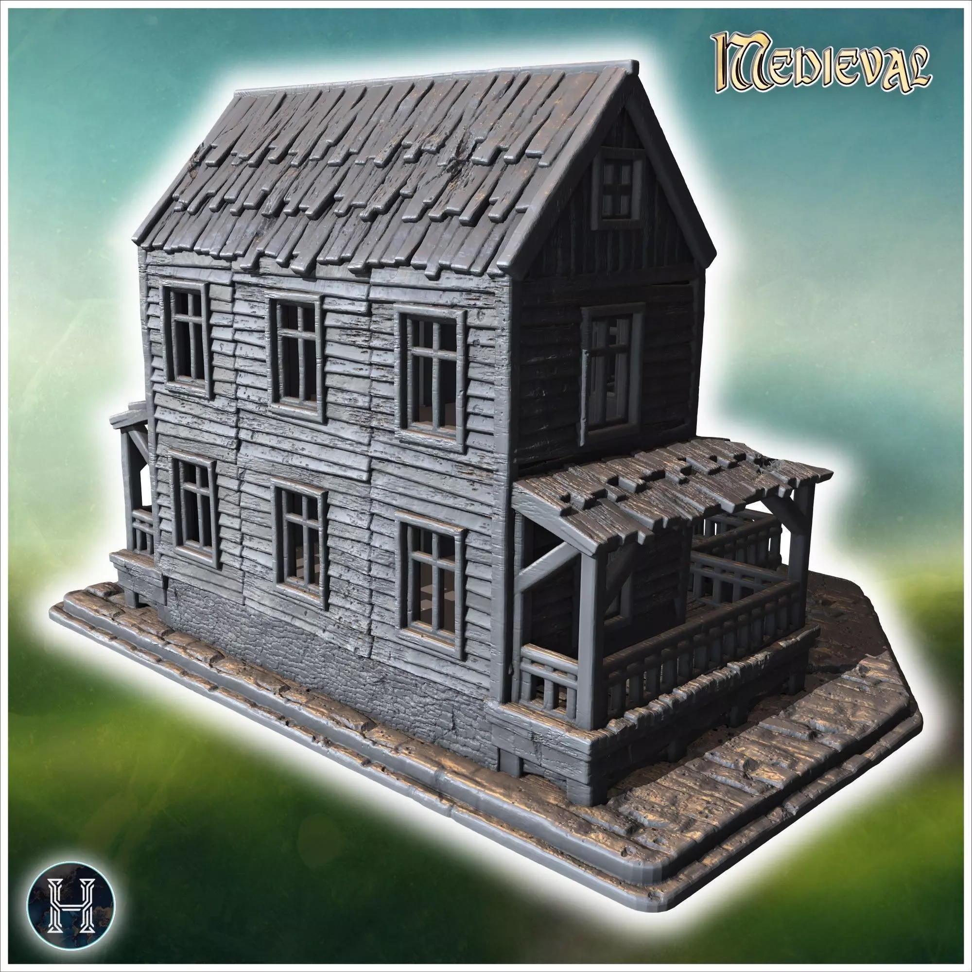 Old wooden tavern with a sign front porch balconies and visible 3D print model_10