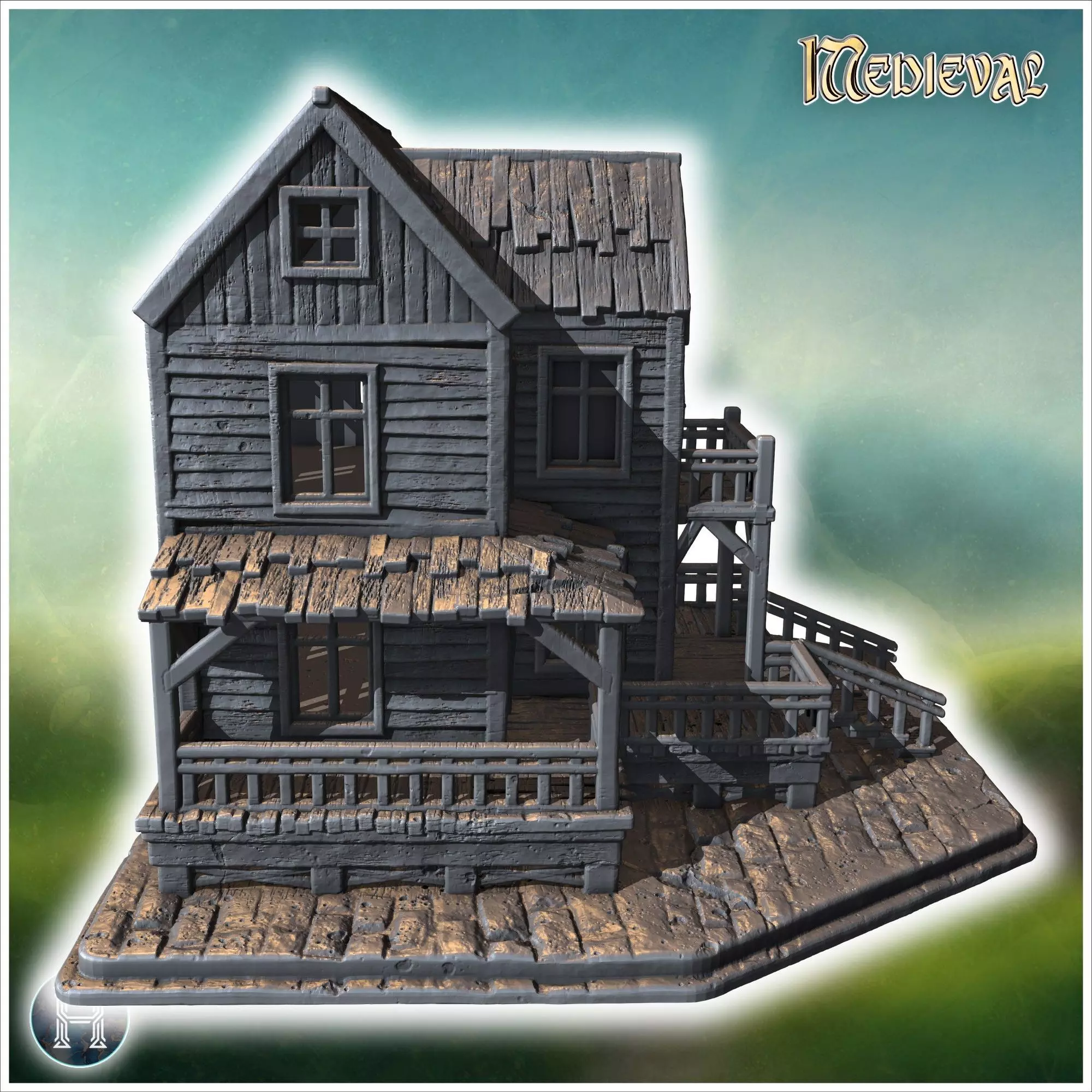 Old wooden tavern with a sign front porch balconies and visible 3D print model_9