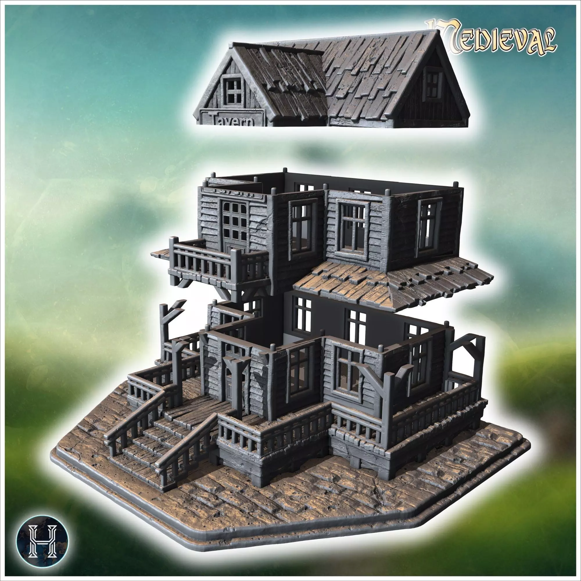 Old wooden tavern with a sign front porch balconies and visible 3D print model_5