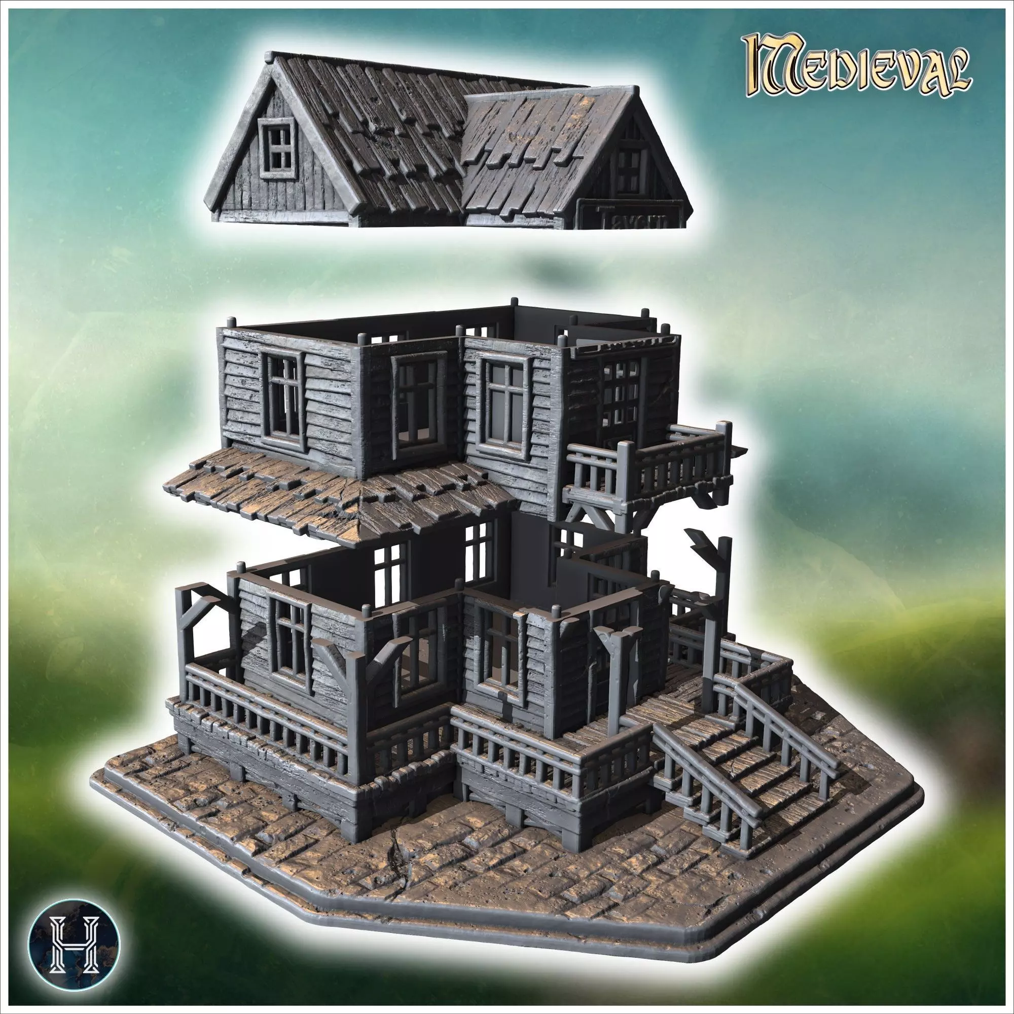 Old wooden tavern with a sign front porch balconies and visible 3D print model_7