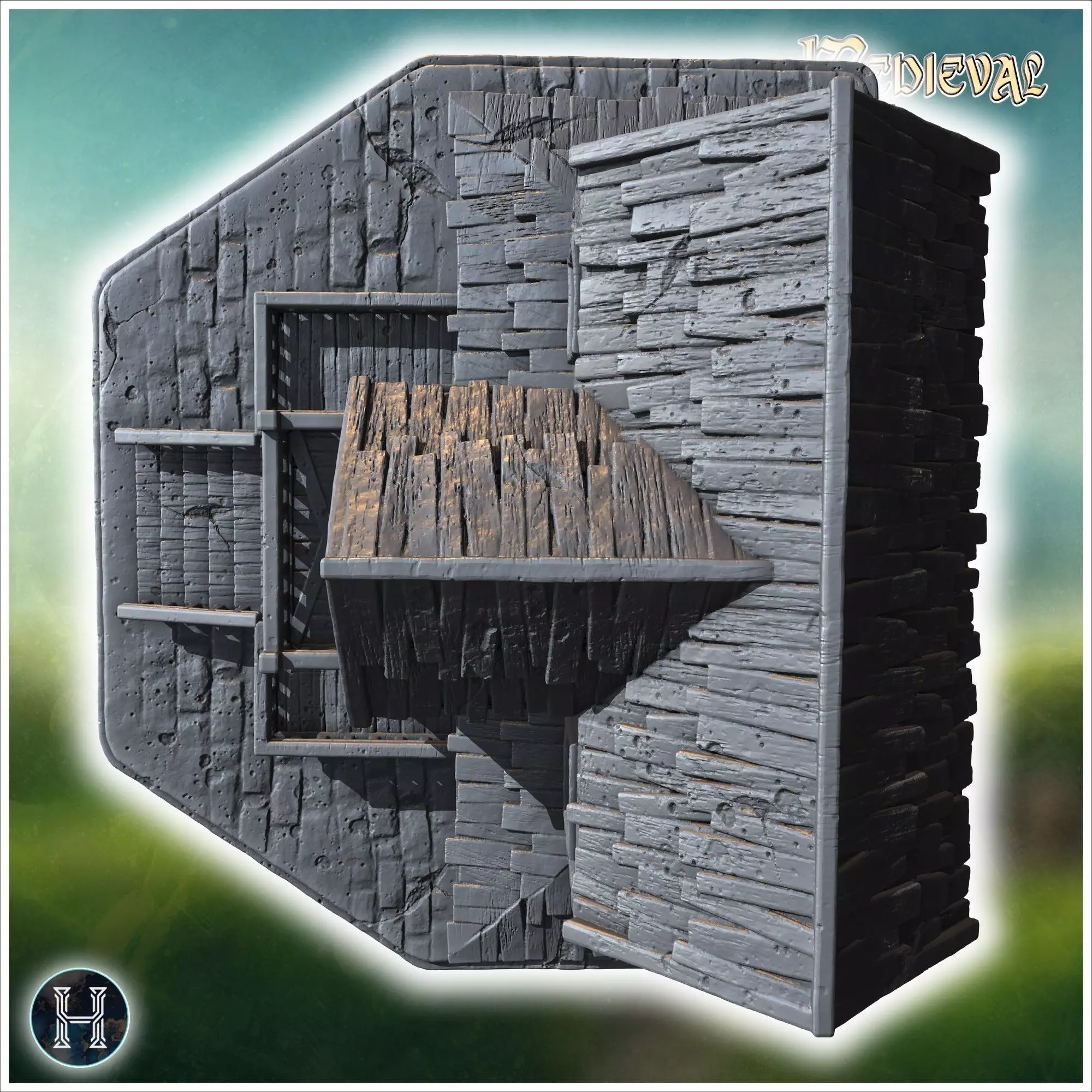 Old wooden tavern with a sign front porch balconies and visible 3D print model_3