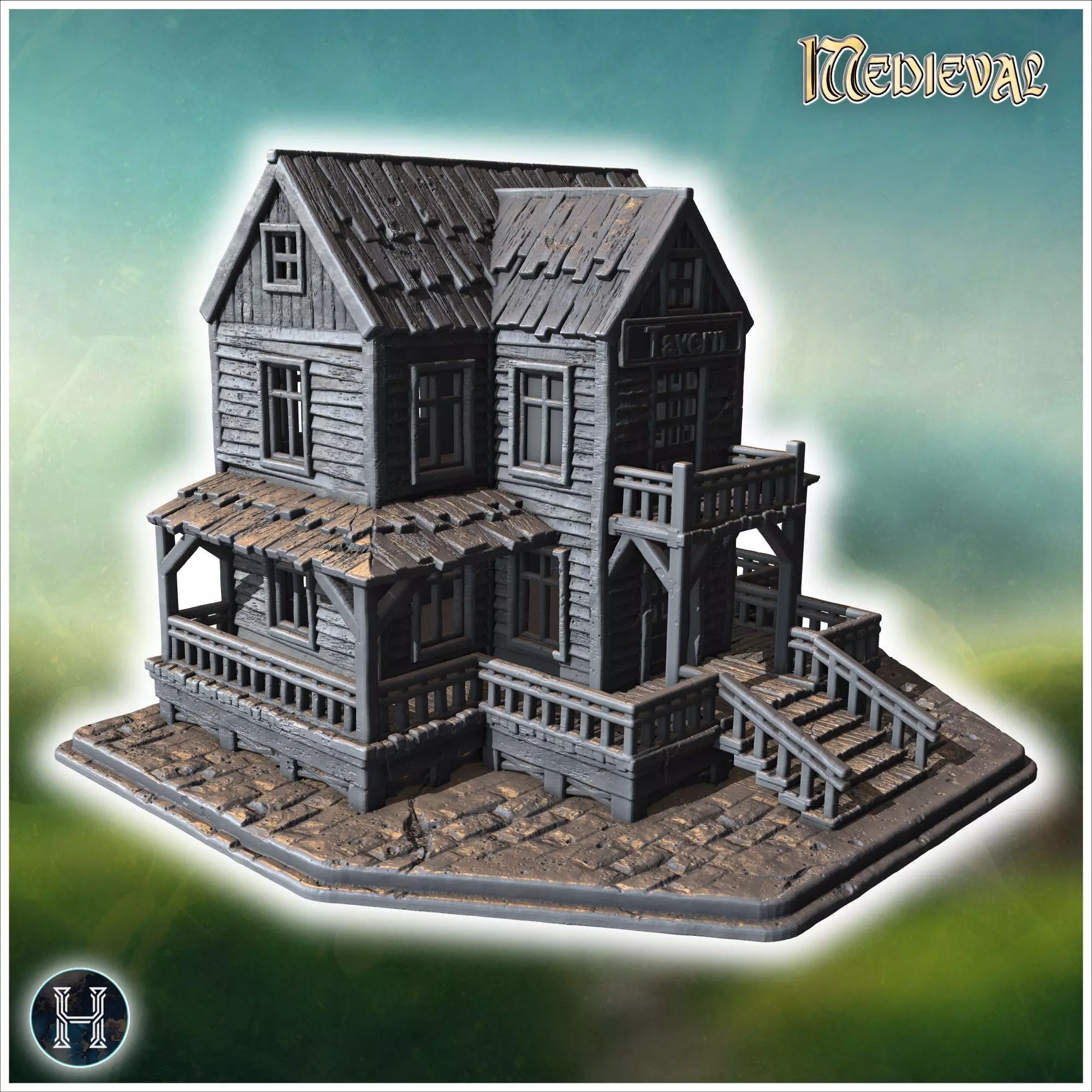 Old wooden tavern with a sign front porch balconies and visible 3D print model_8