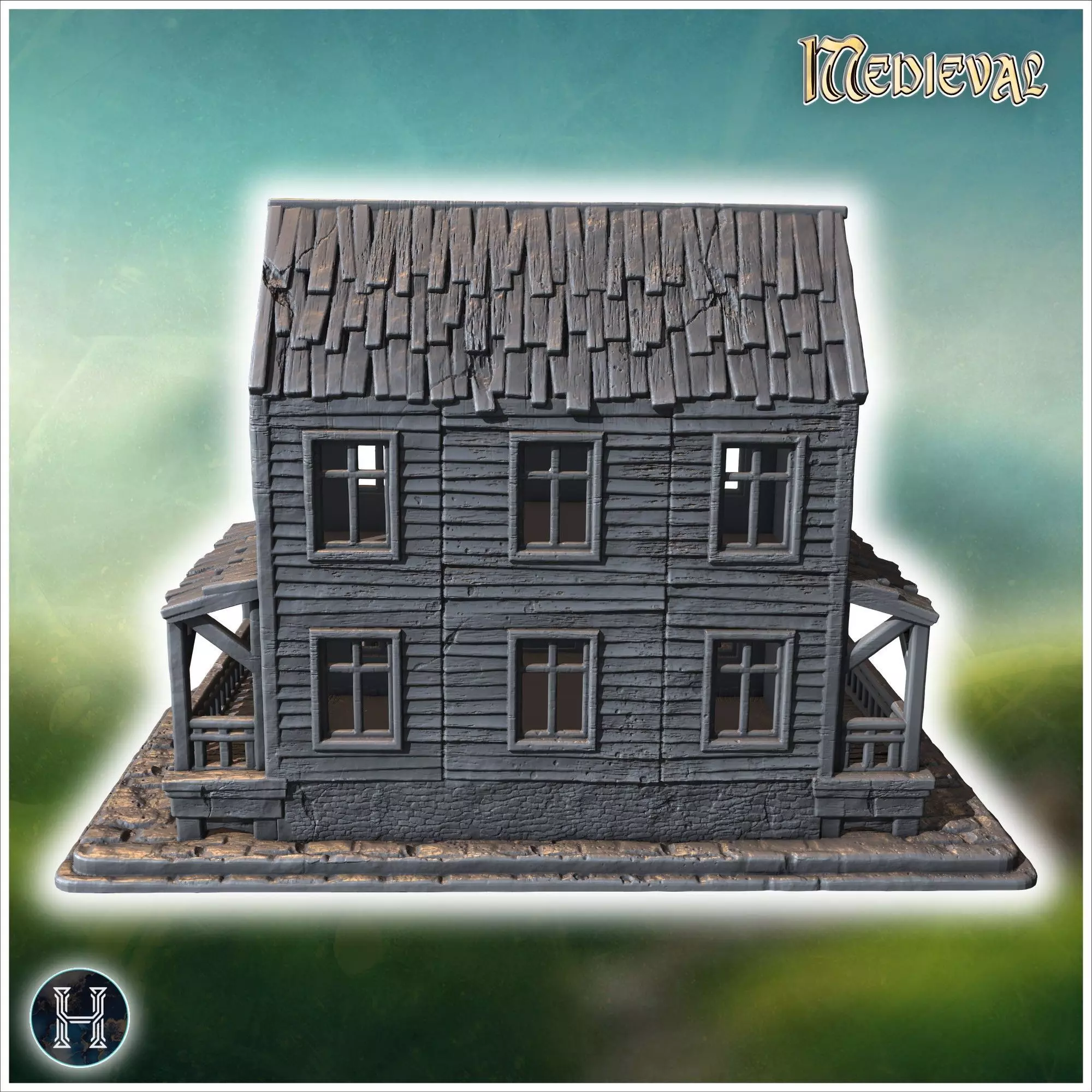 Old wooden tavern with a sign front porch balconies and visible 3D print model_1