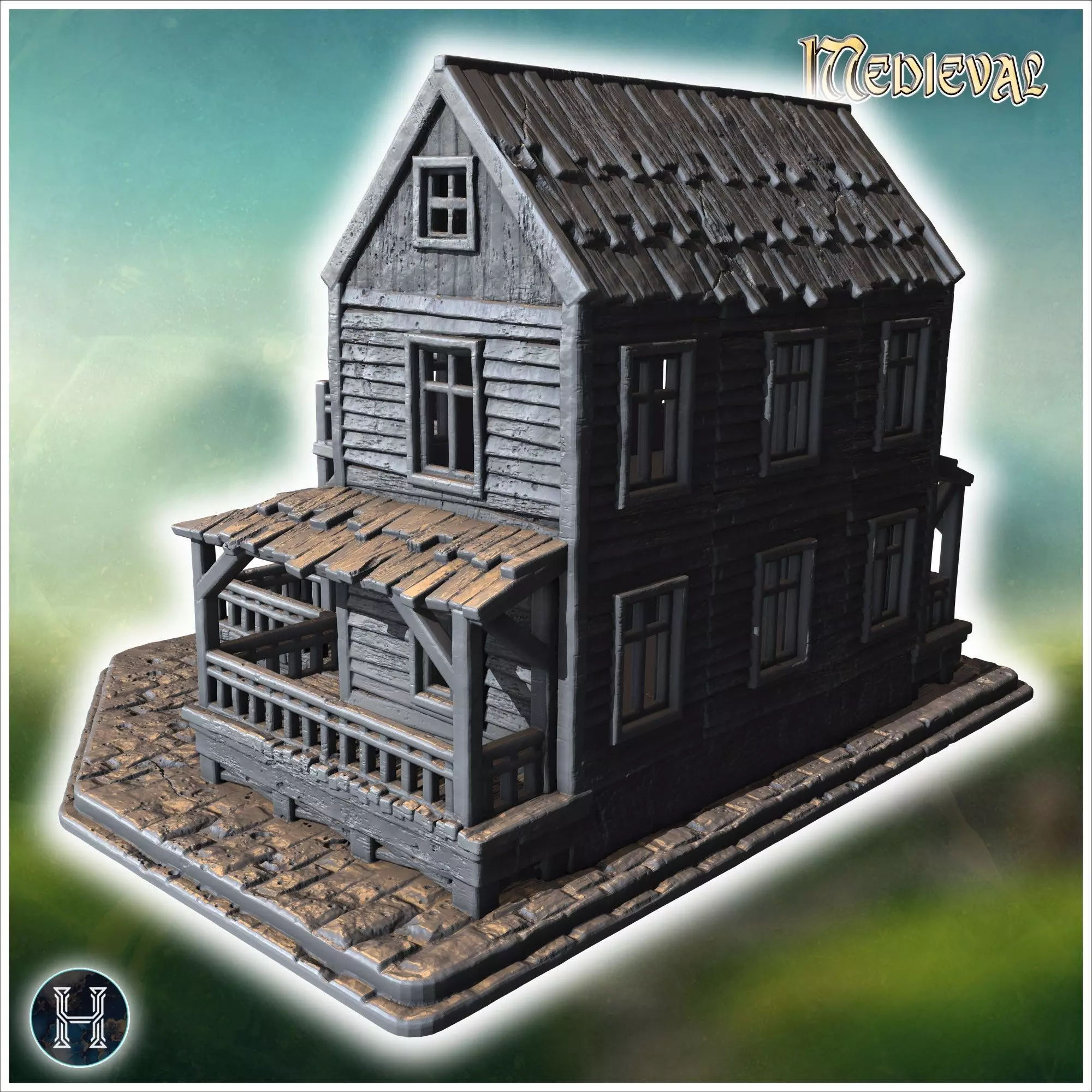 Old wooden tavern with a sign front porch balconies and visible 3D print model_2