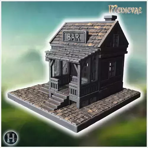 Wooden bar with a wide porch stone steps and a sign above the ro