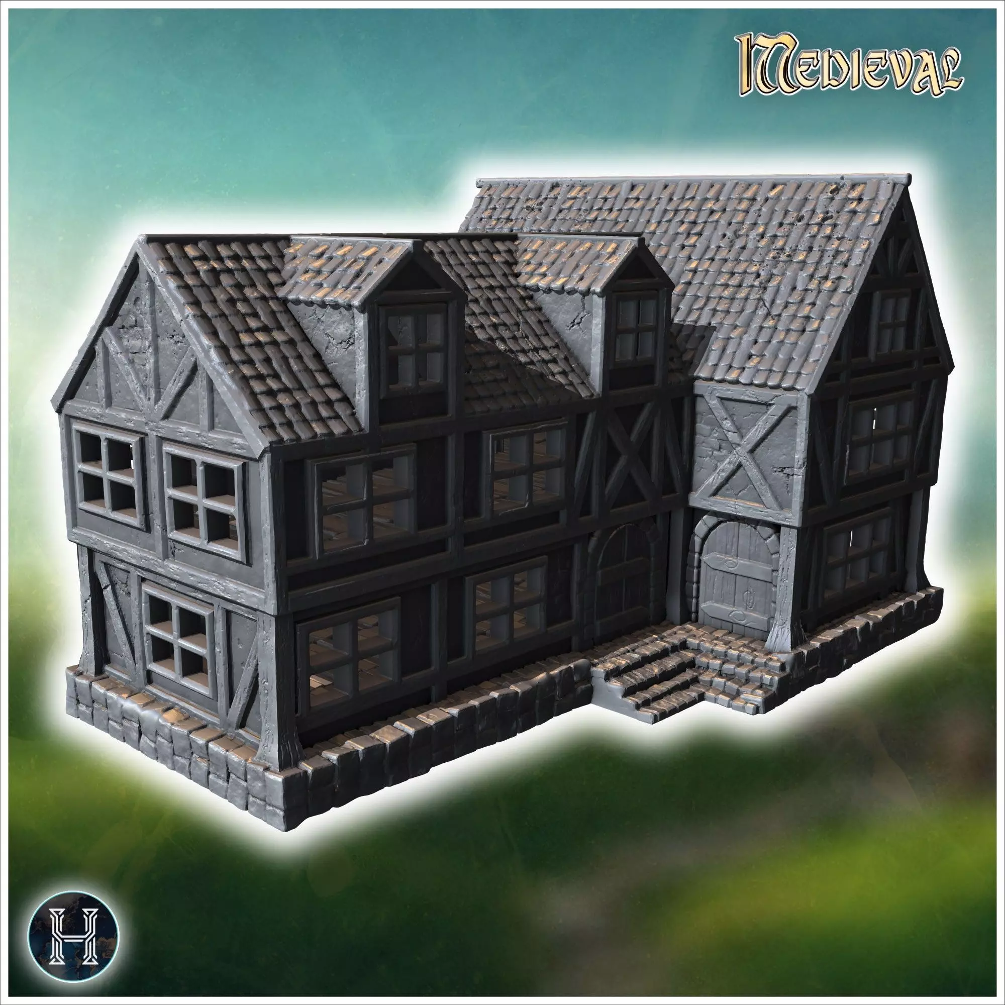 Large timber-framed building with multiple windows tiled roof an 3D print model_8