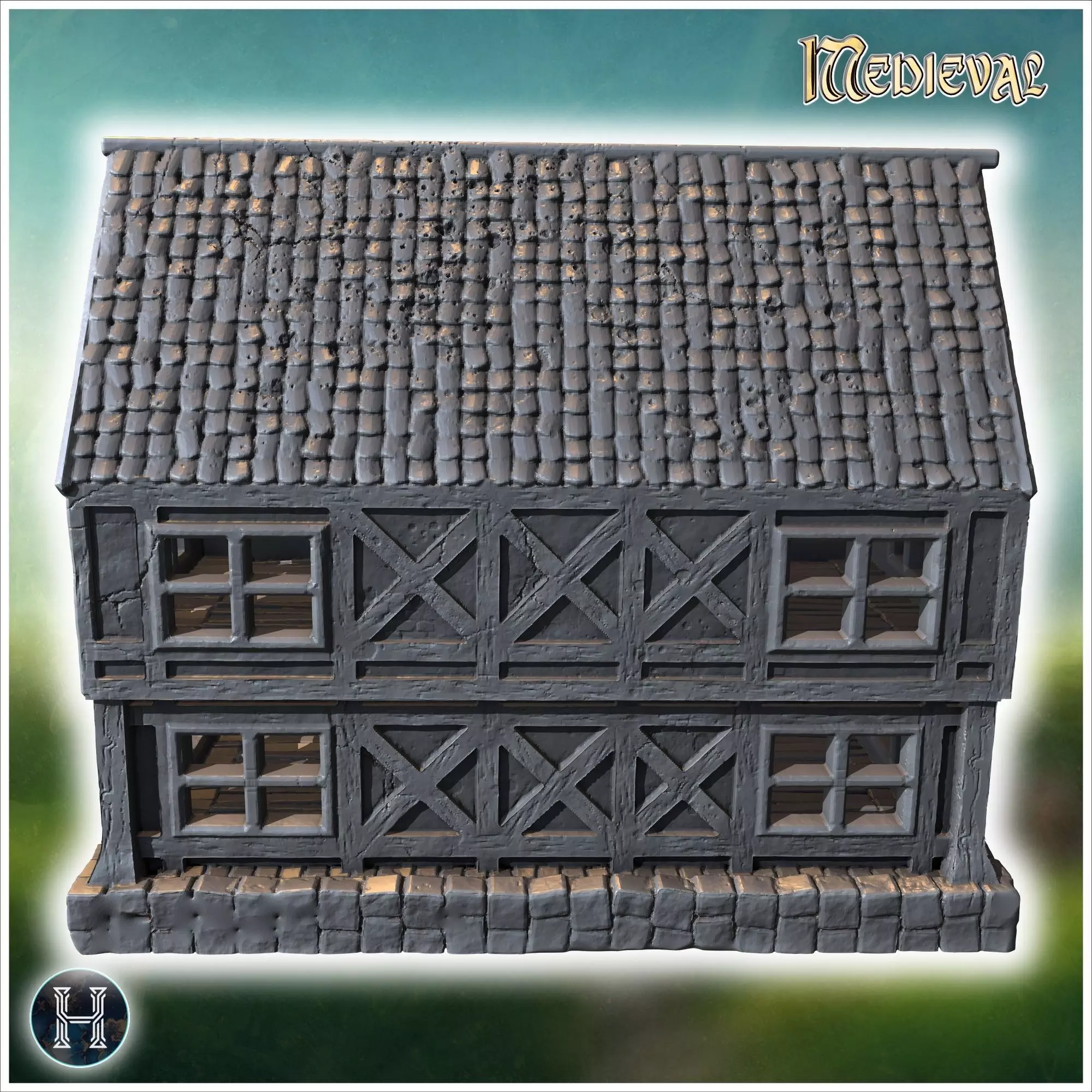 Large timber-framed building with multiple windows tiled roof an 3D print model_4