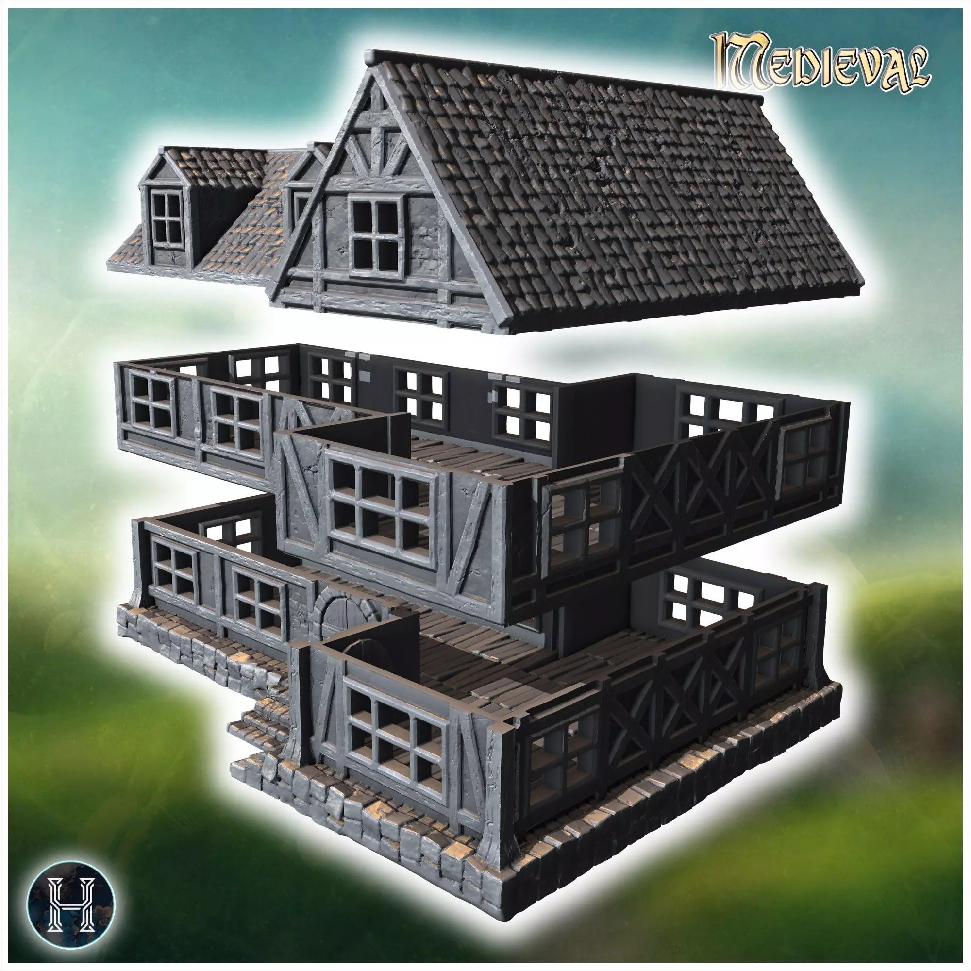 Large timber-framed building with multiple windows tiled roof an 3D print model_5