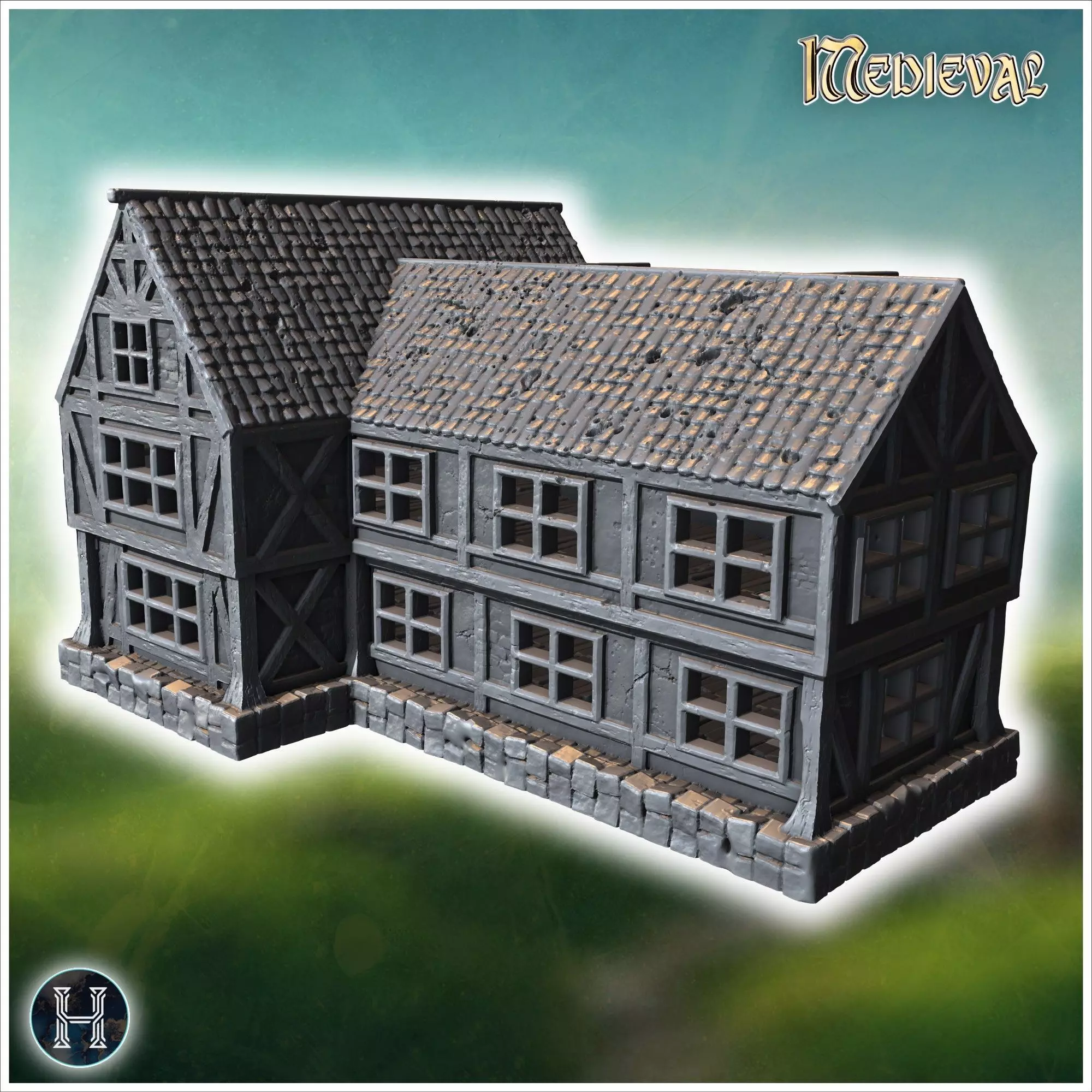 Large timber-framed building with multiple windows tiled roof an 3D print model_10