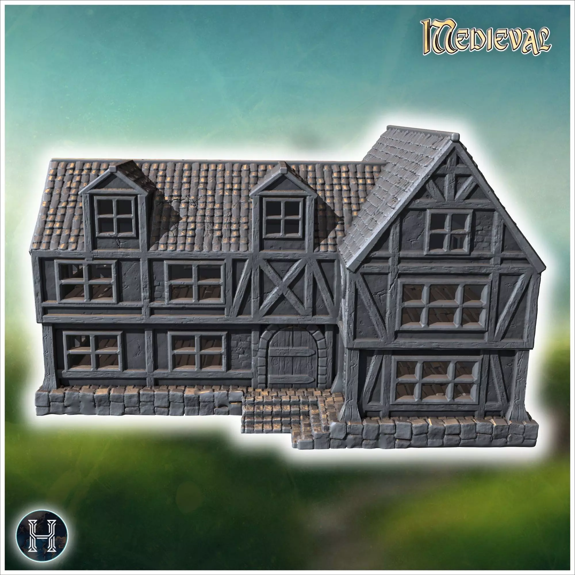 Large timber-framed building with multiple windows tiled roof an 3D print model_6