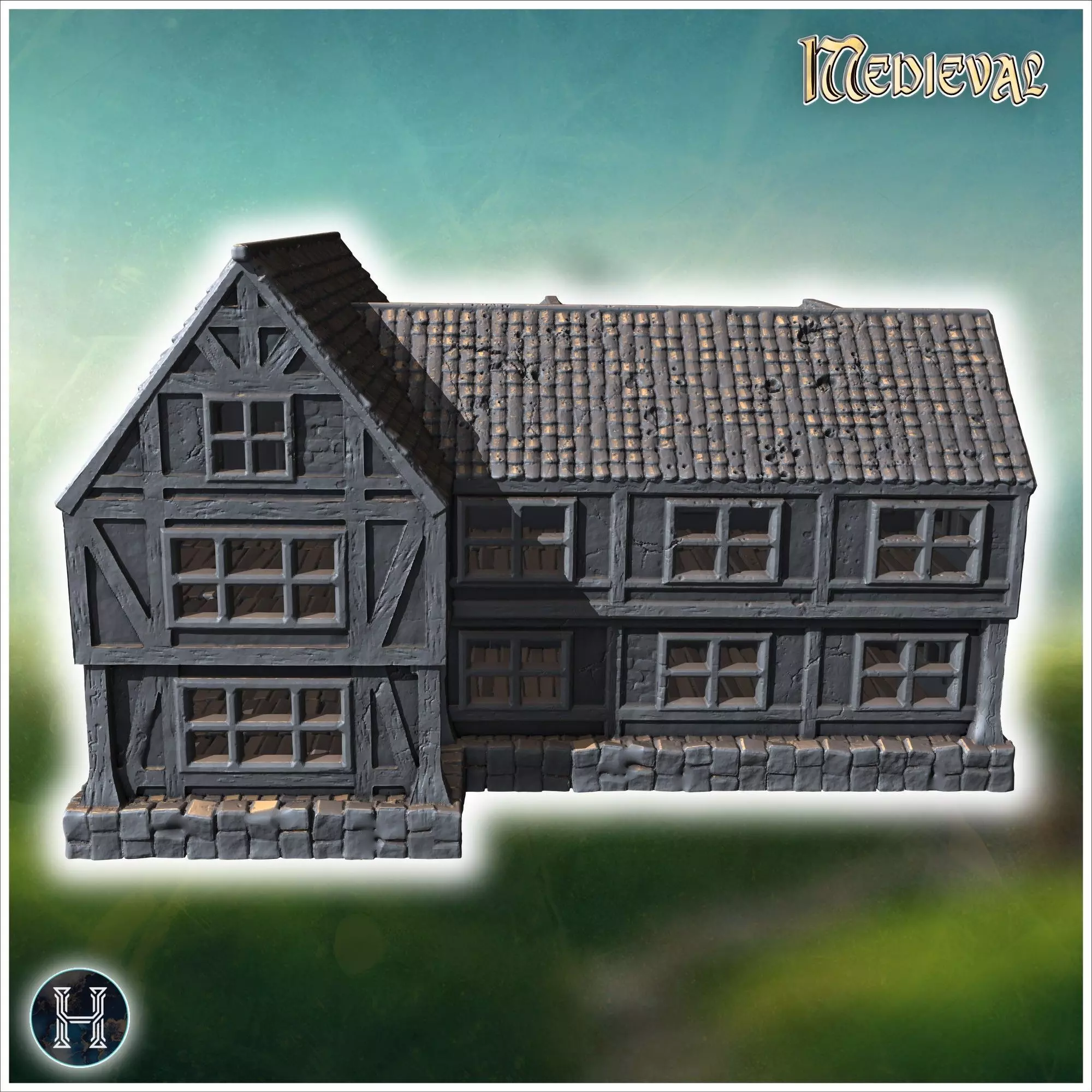 Large timber-framed building with multiple windows tiled roof an 3D print model_1