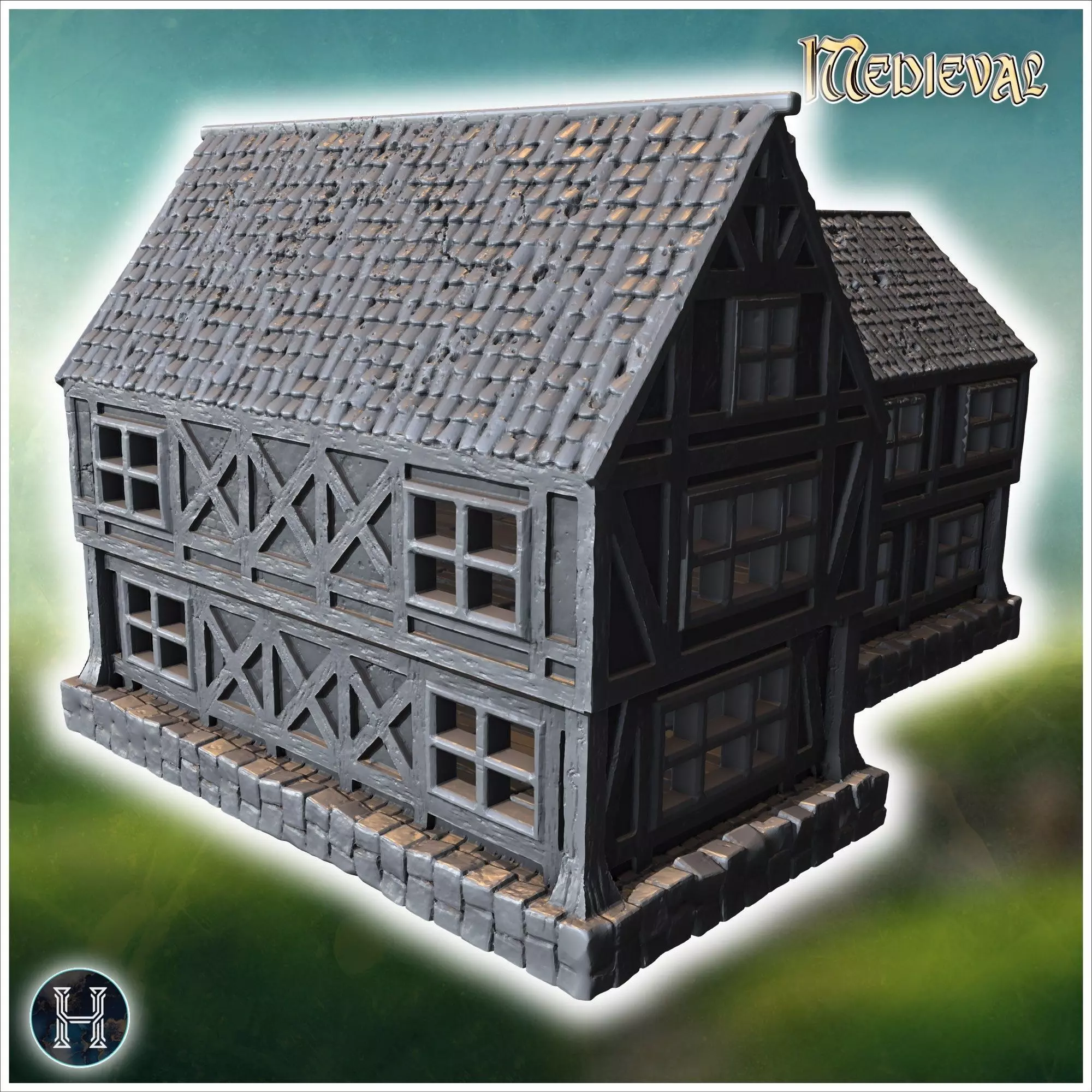 Large timber-framed building with multiple windows tiled roof an 3D print model_2