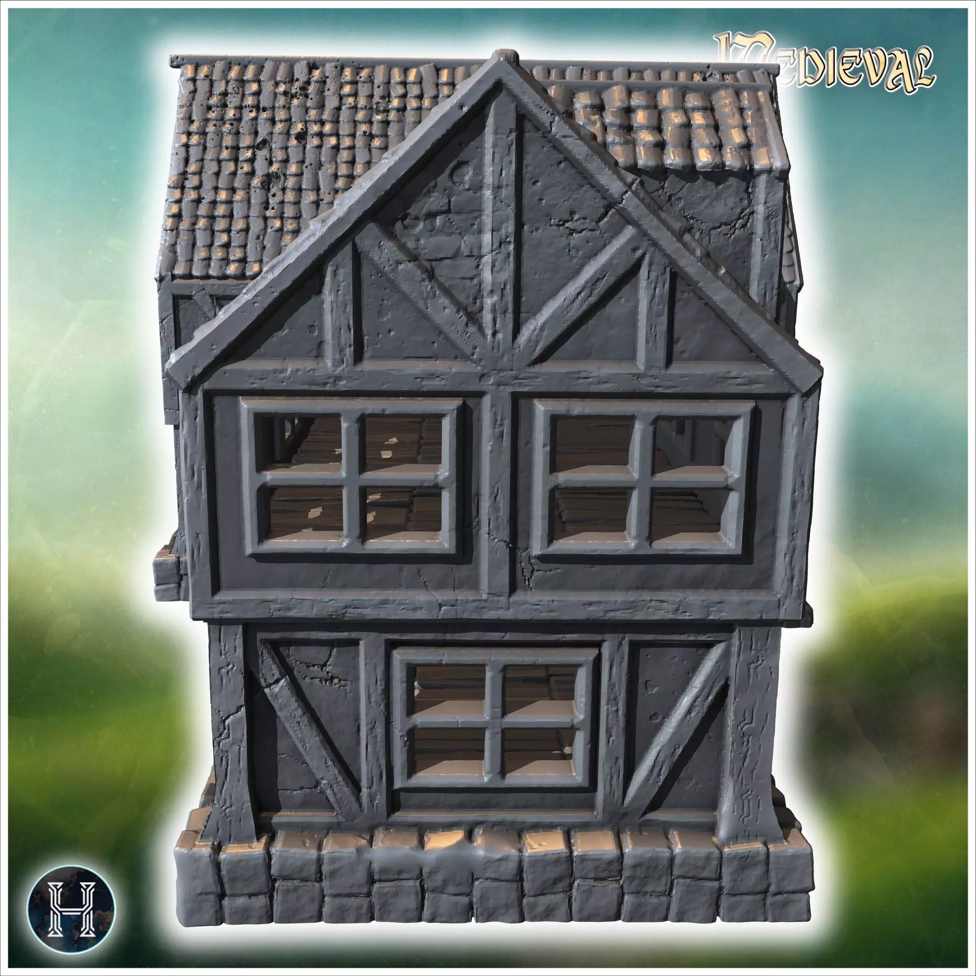 Large timber-framed building with multiple windows tiled roof an 3D print model_9