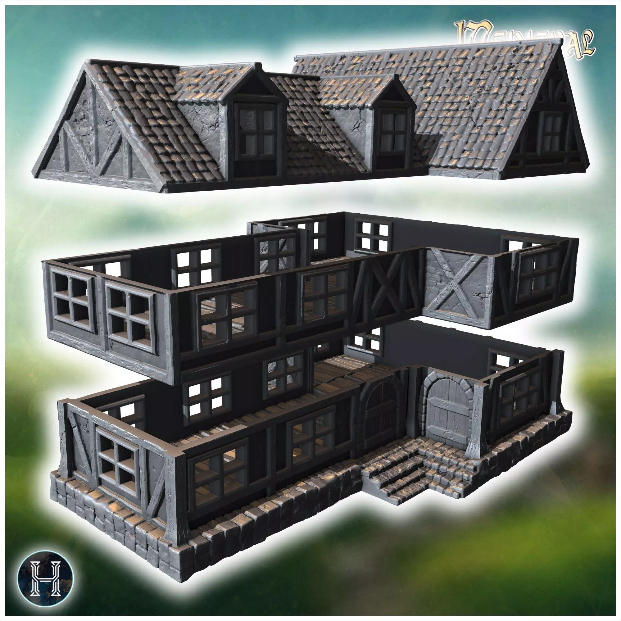 Large timber-framed building with multiple windows tiled roof an 3D print model_7
