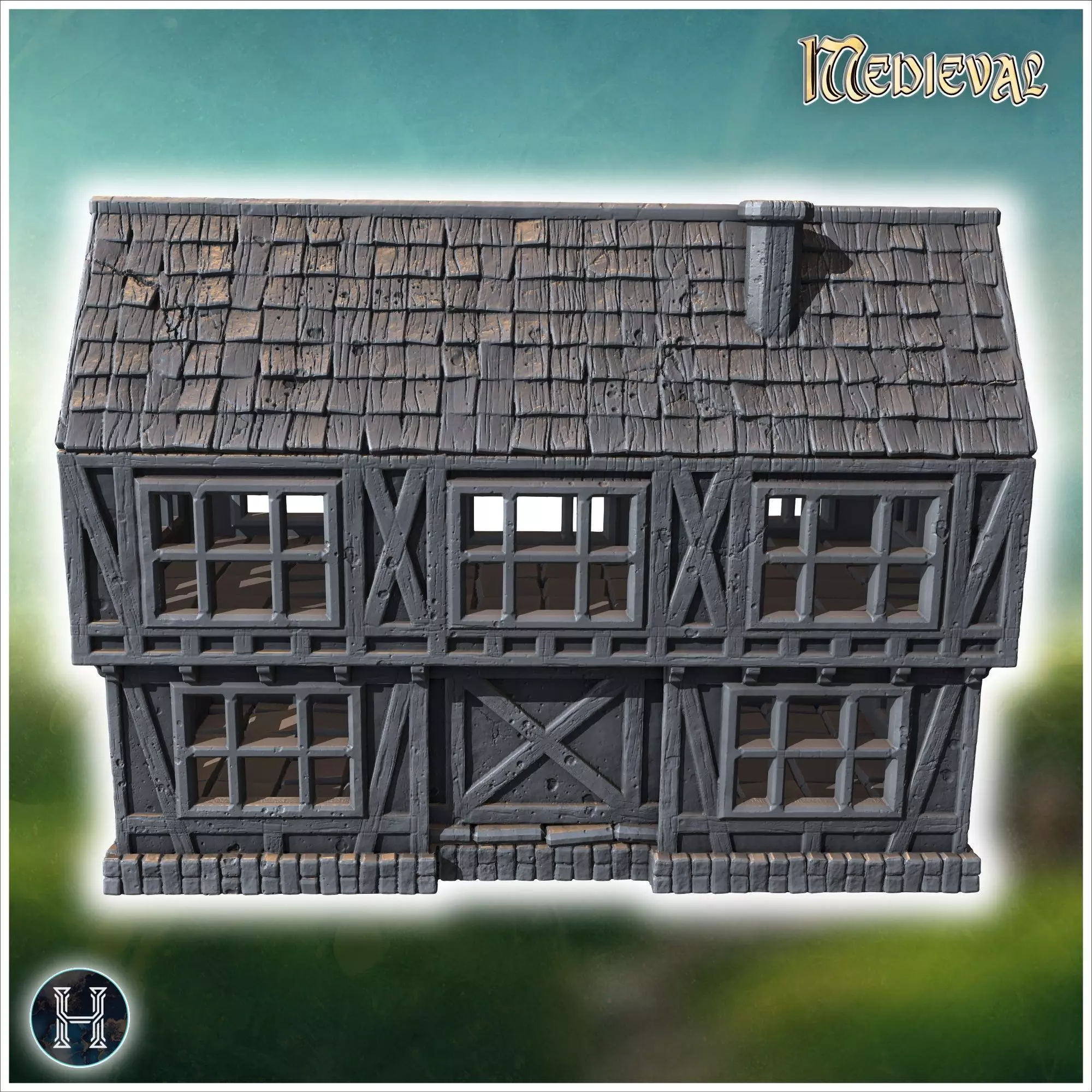 Two-story half-timbered house with detailed windows arched doorw 3D print model_1