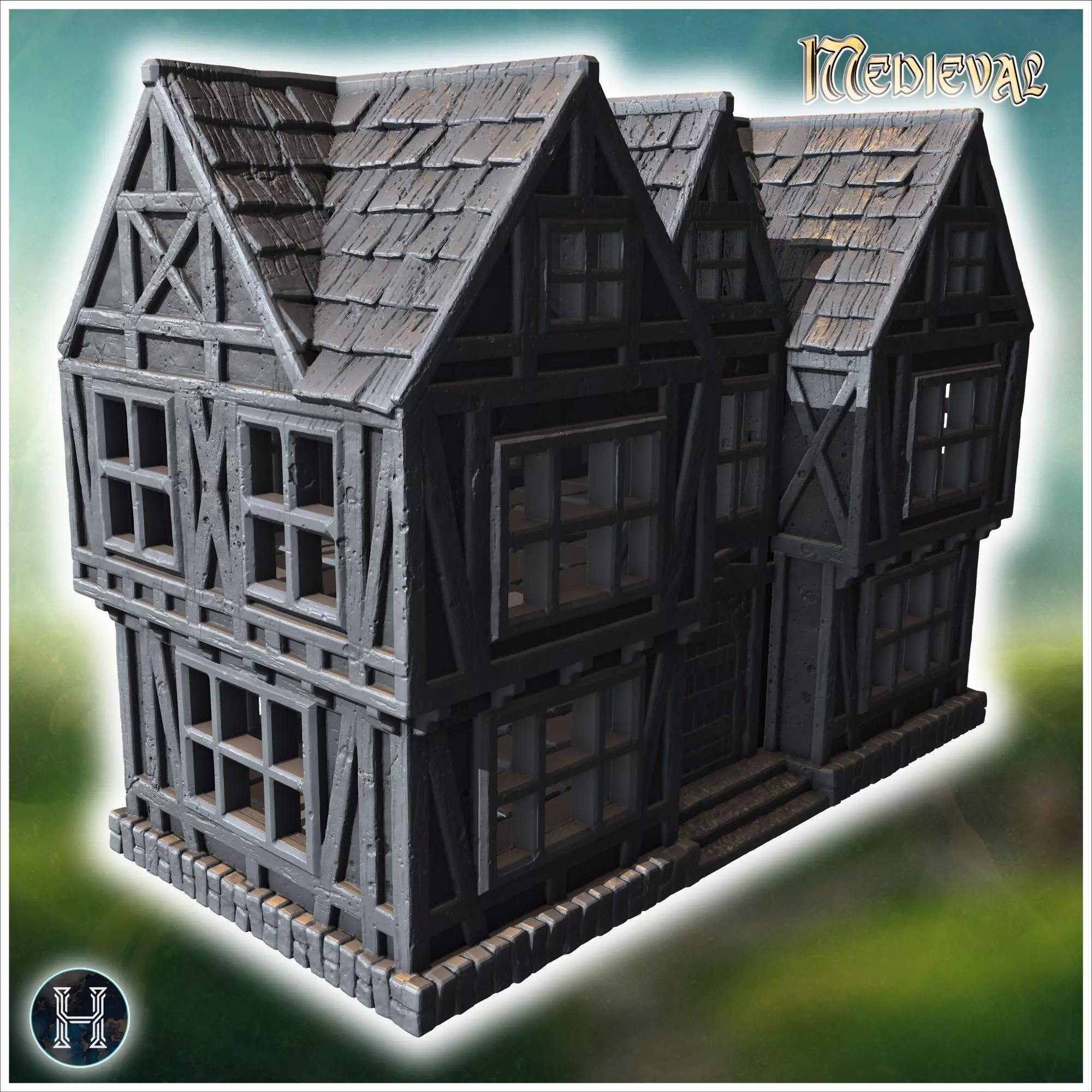 Two-story half-timbered house with detailed windows arched doorw 3D print model_8