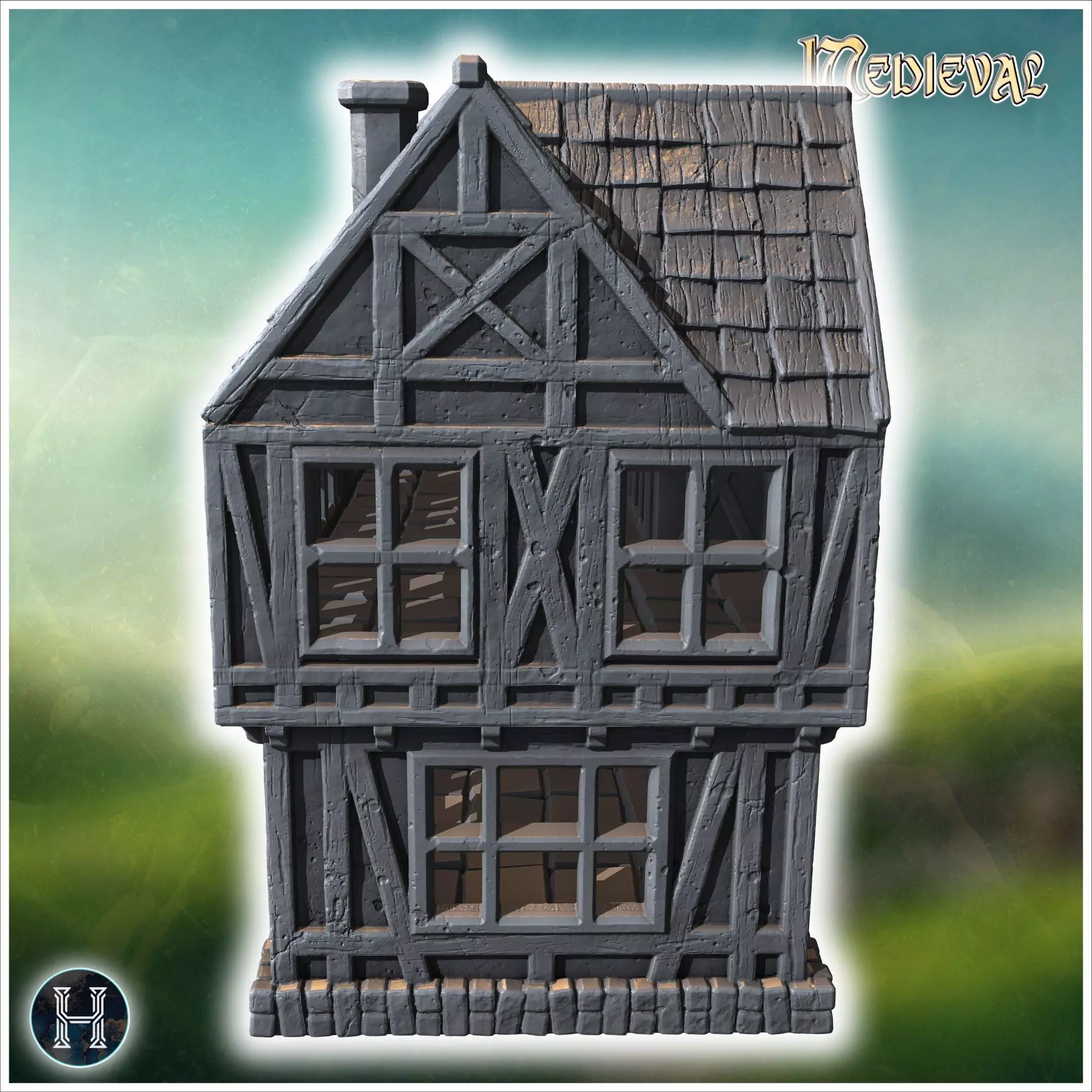Two-story half-timbered house with detailed windows arched doorw 3D print model_9