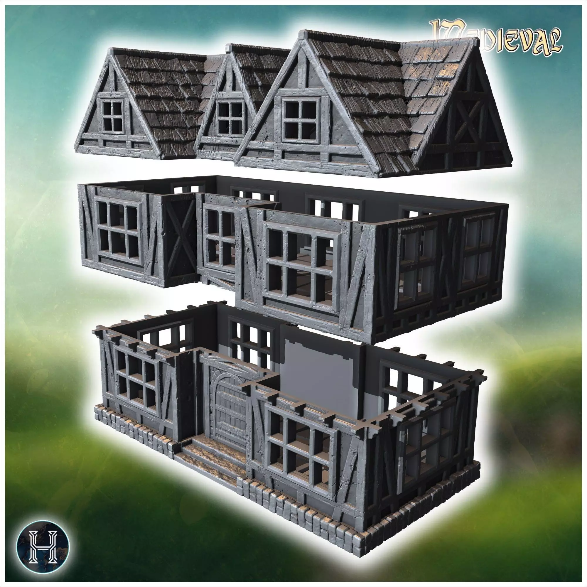 Two-story half-timbered house with detailed windows arched doorw 3D print model_5