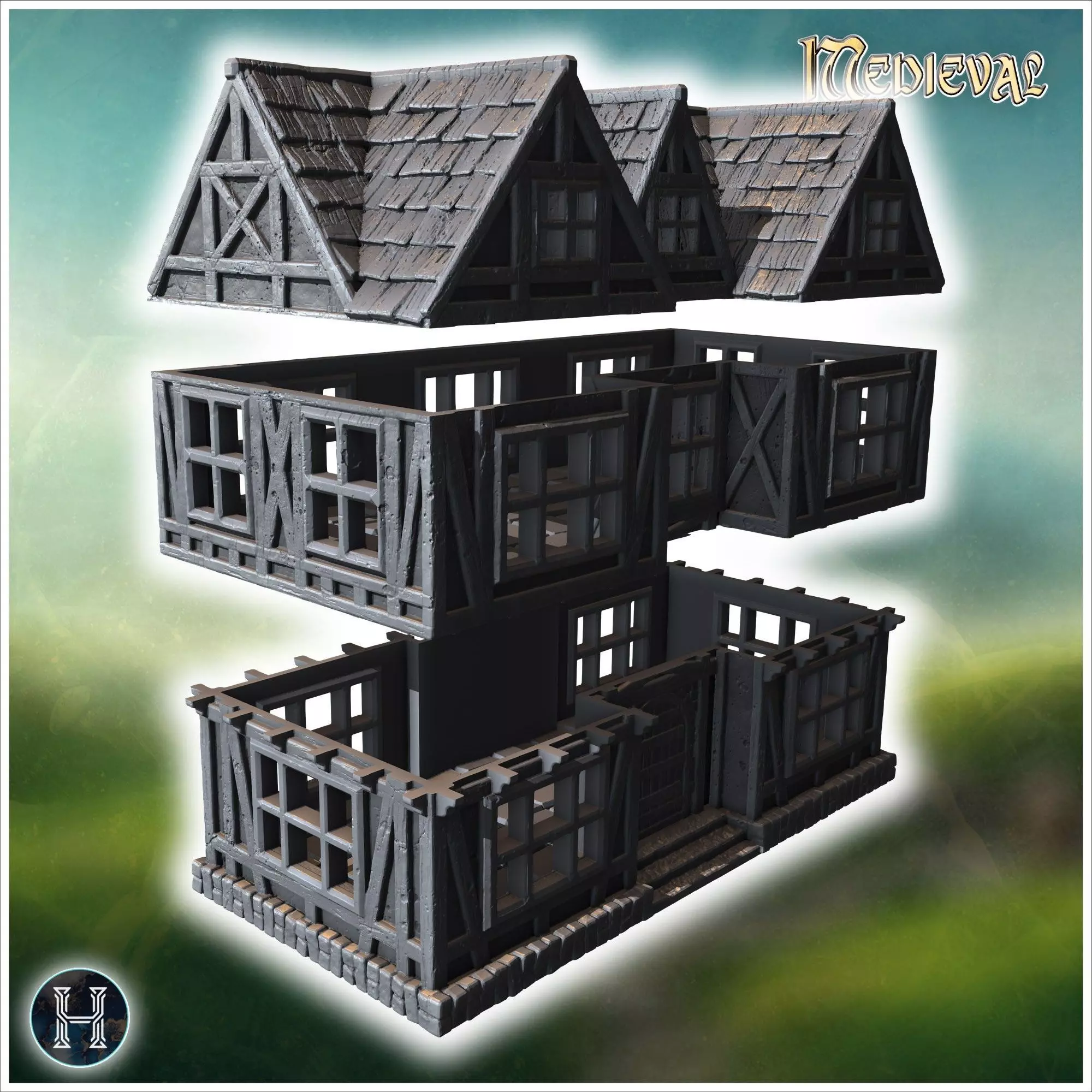 Two-story half-timbered house with detailed windows arched doorw 3D print model_7