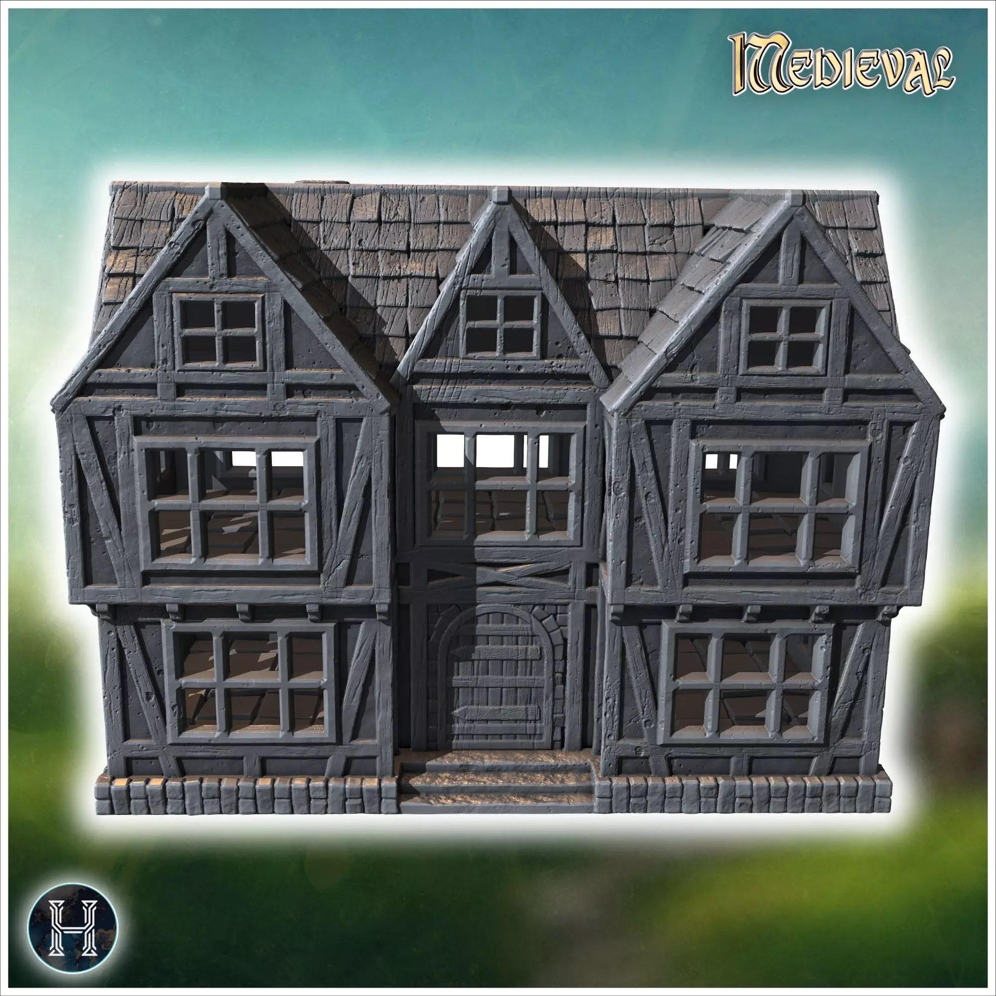 Two-story half-timbered house with detailed windows arched doorw 3D print model_6