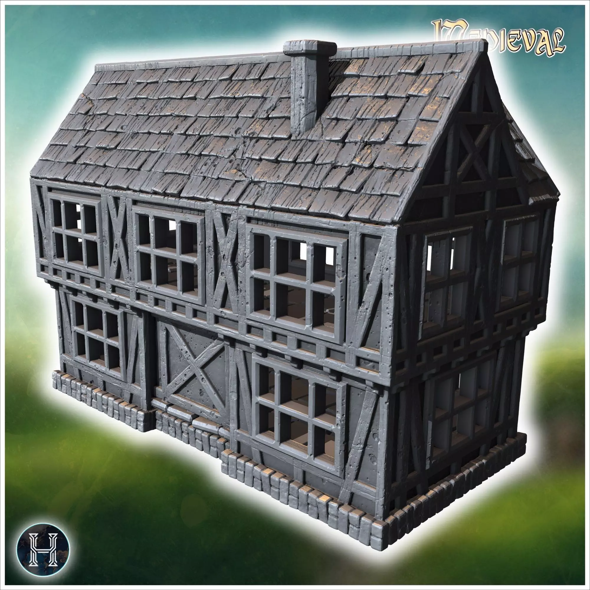 Two-story half-timbered house with detailed windows arched doorw 3D print model_10