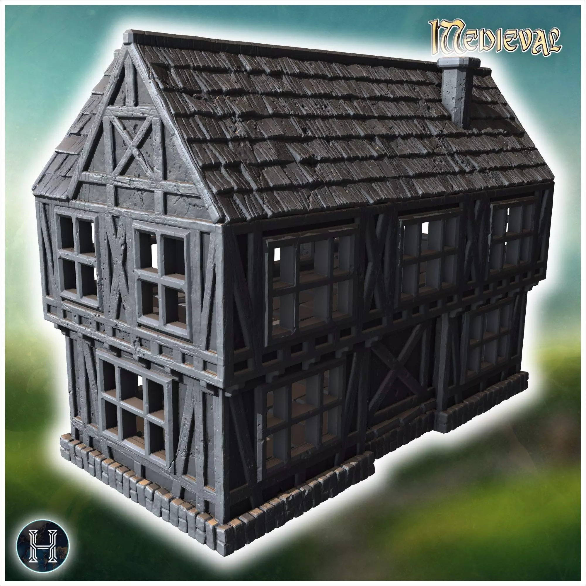 Two-story half-timbered house with detailed windows arched doorw 3D print model_2