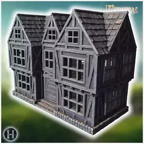 Two-story half-timbered house with detailed windows arched doorw