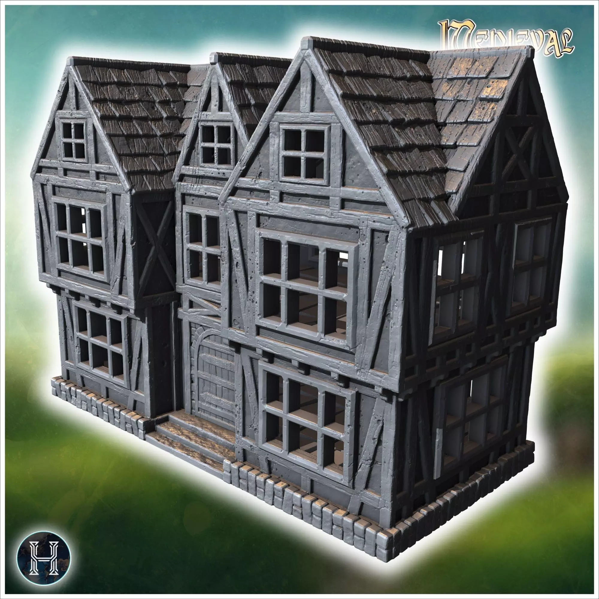 Two-story half-timbered house with detailed windows arched doorw 3D print model_0