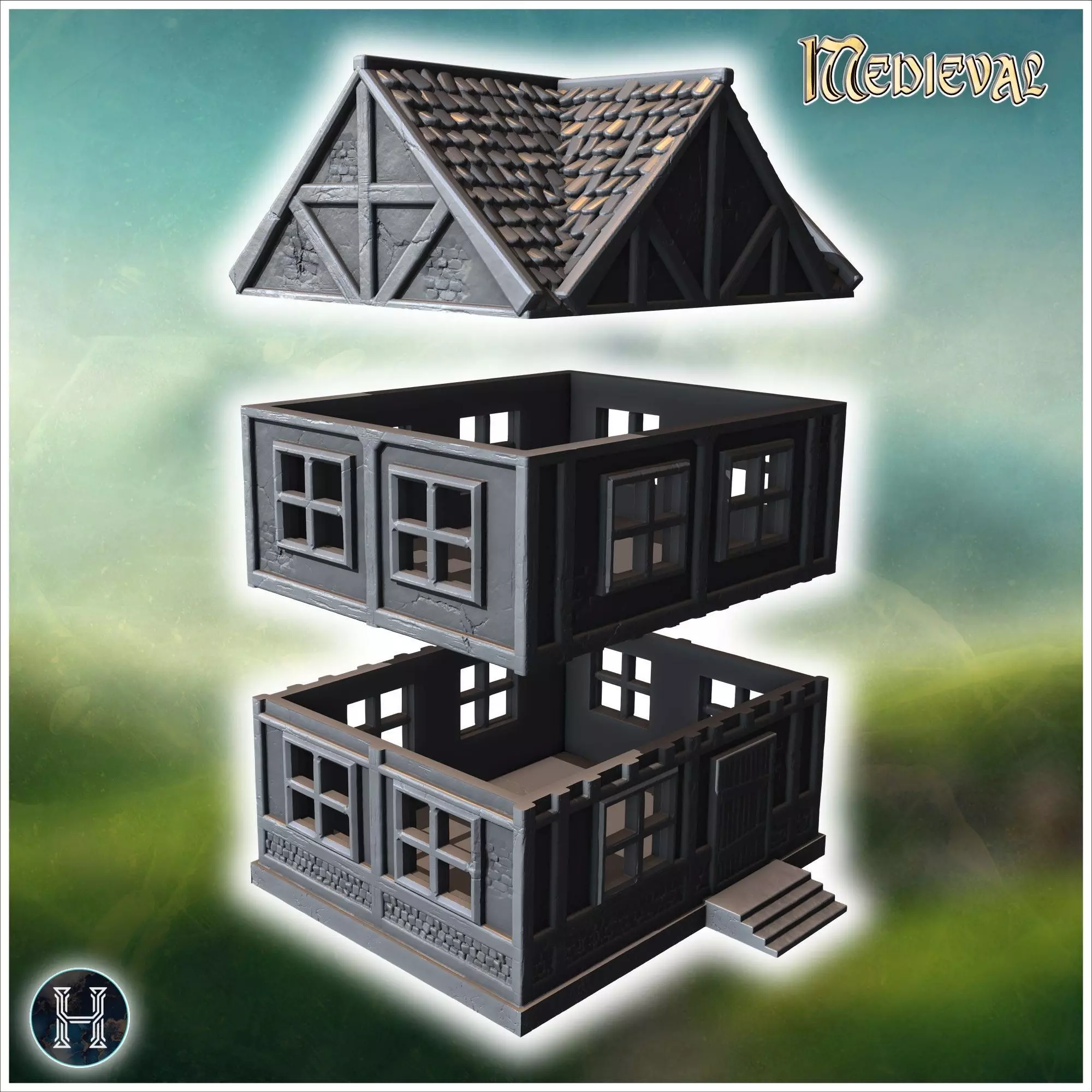 Narrow wooden building with a stone foundation steep roof and de 3D print model_5