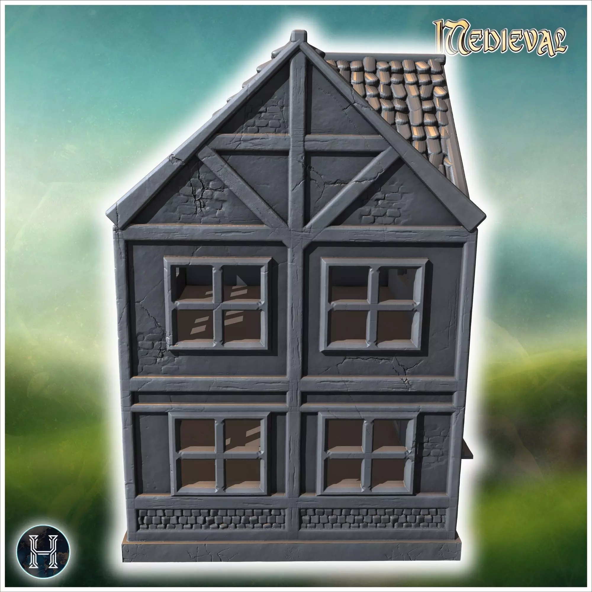 Narrow wooden building with a stone foundation steep roof and de 3D print model_7