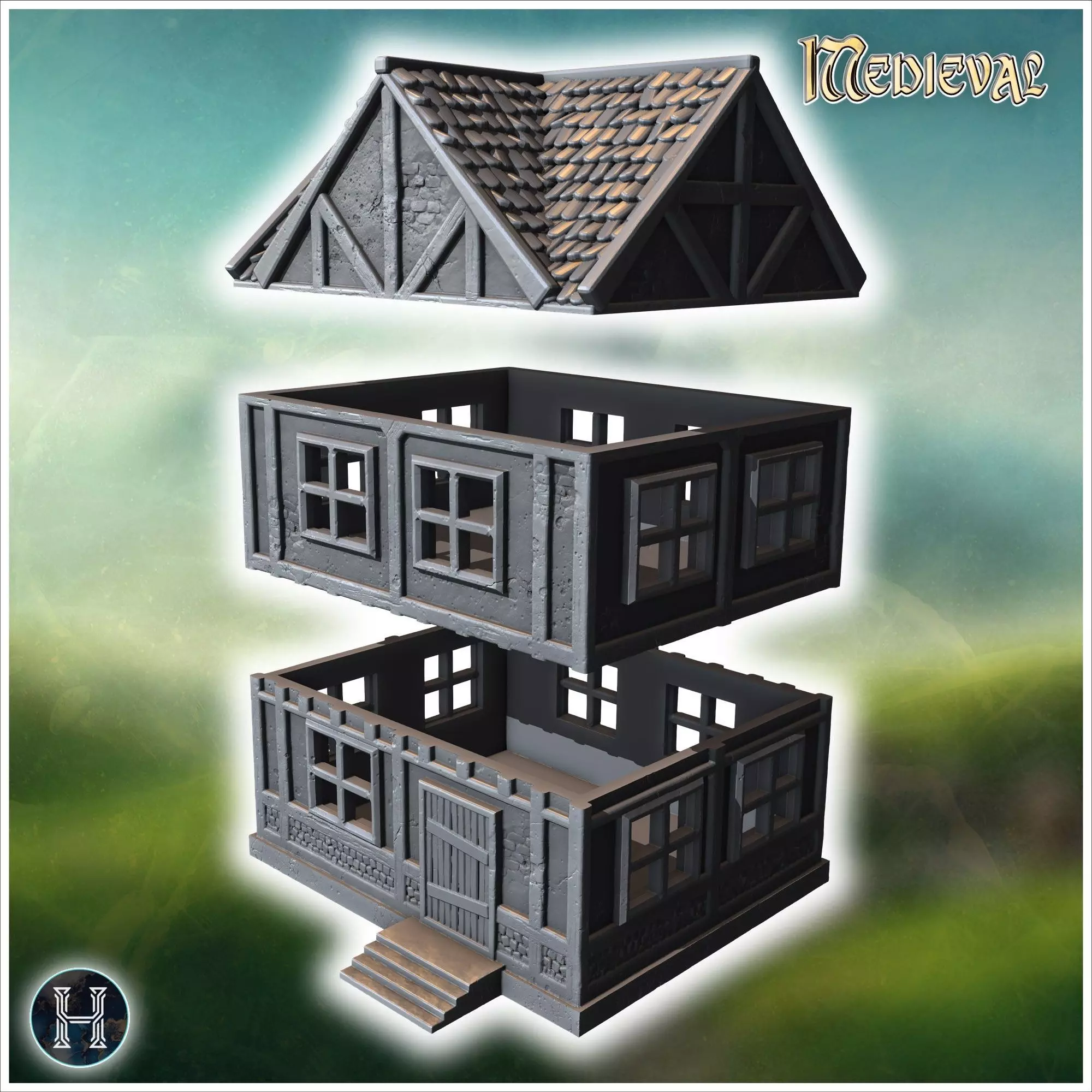 Narrow wooden building with a stone foundation steep roof and de 3D print model_4